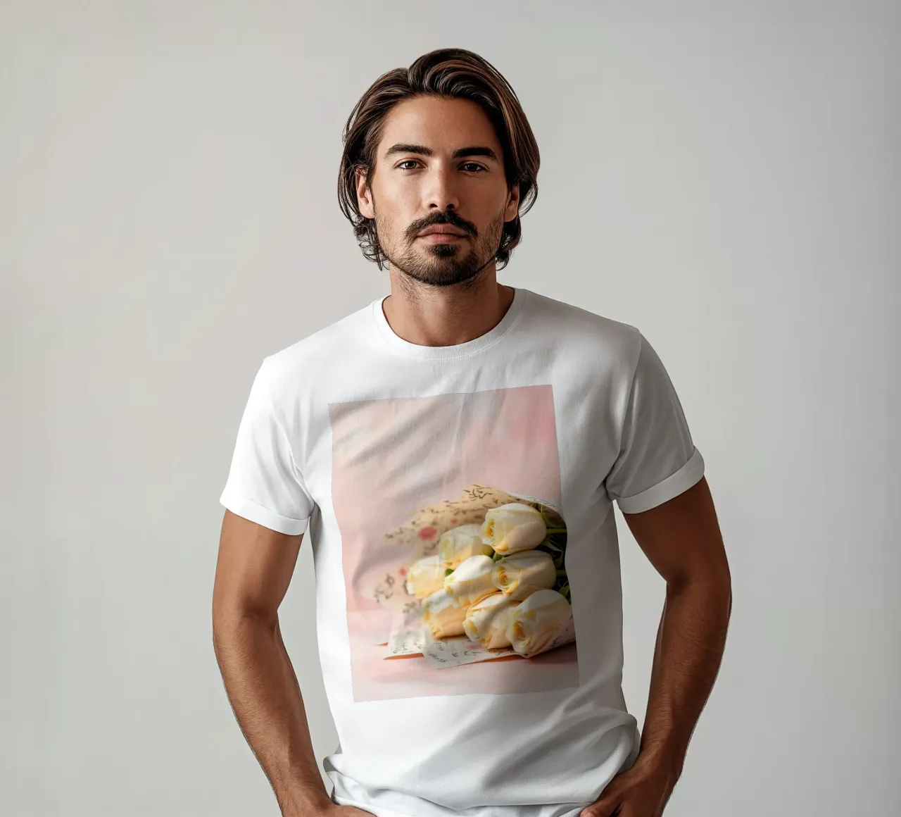 Schöner Strauß weißer Rosen in elegantem Papier verpackt T-Shirt von DesignDoodle