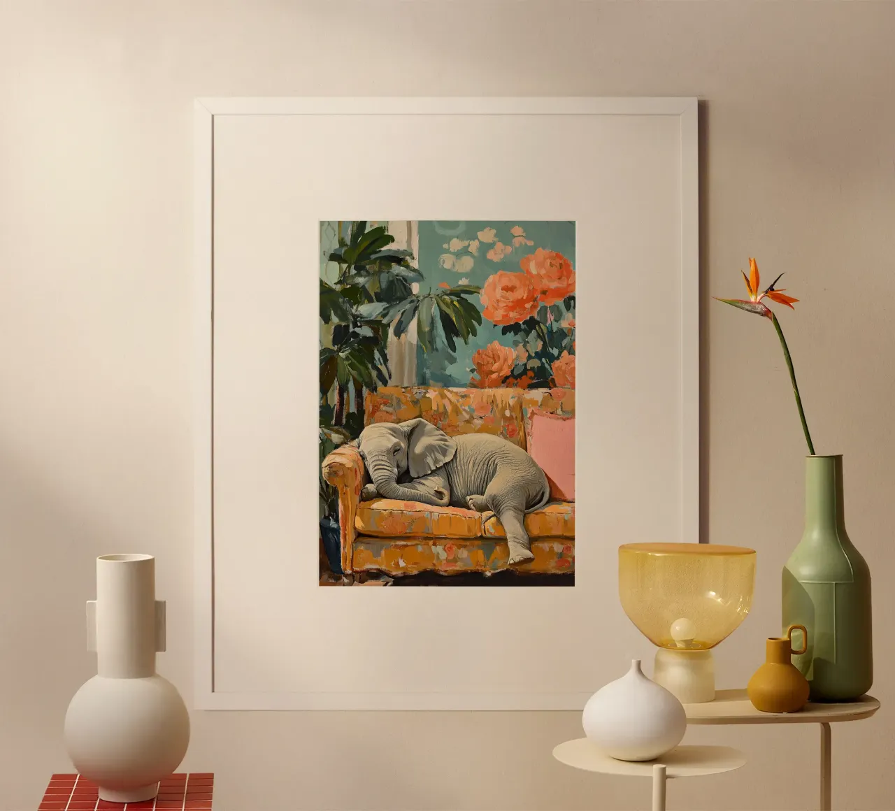 Elefante: Pachiderma che si accoccola poster con telaio in alluminio da Nikis Art Studio