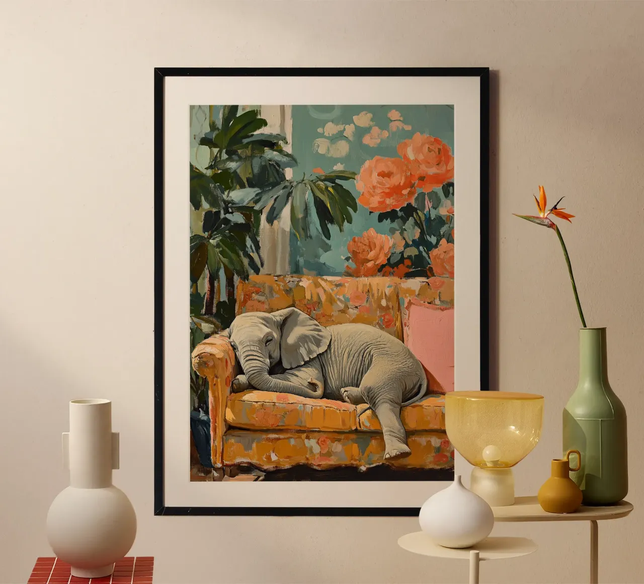 Elefante: Pachiderma che si accoccola poster con telaio in alluminio da Nikis Art Studio
