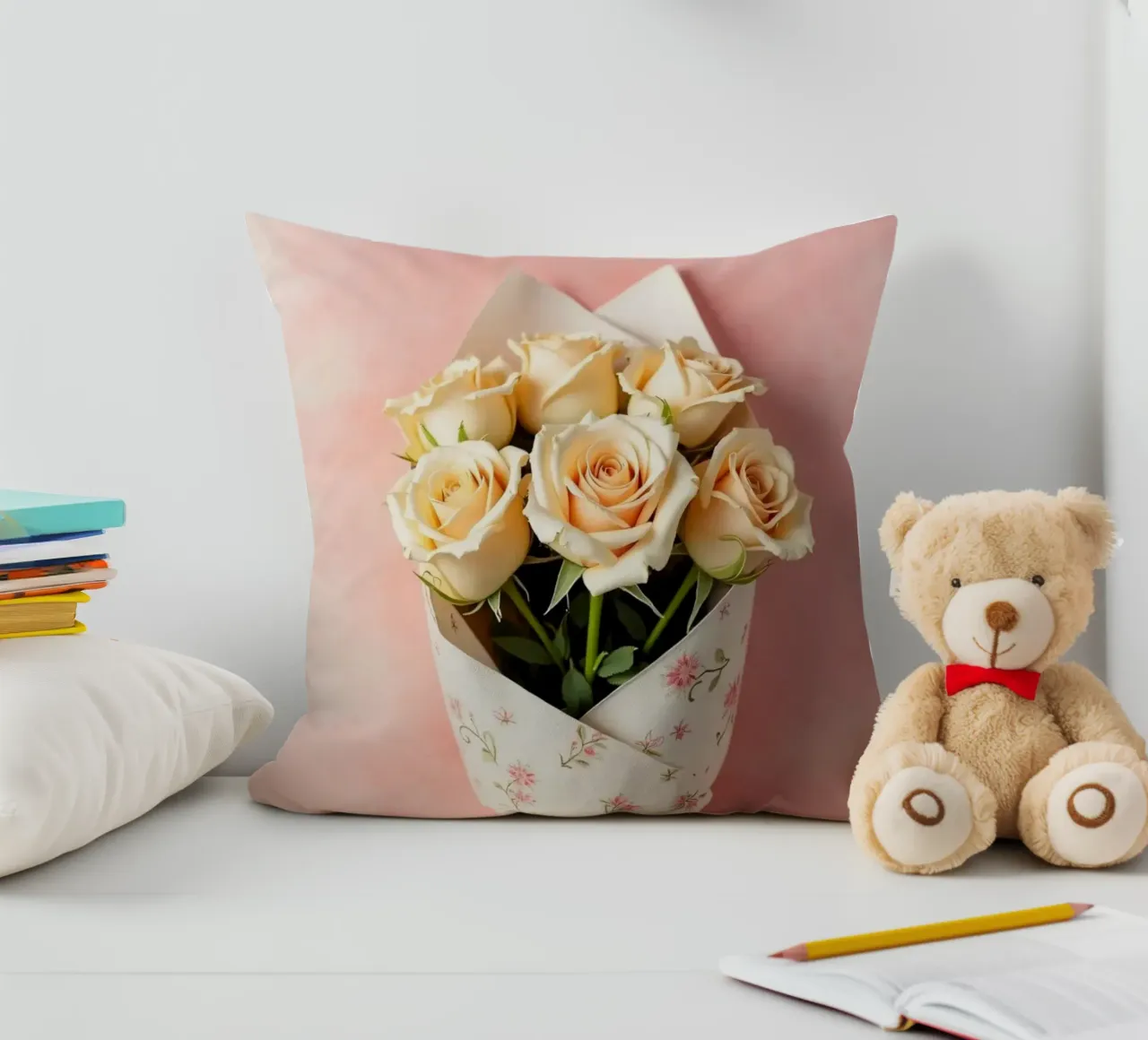 Bouquet di rose color pesca appena confezionato cuscino da DesignDoodle