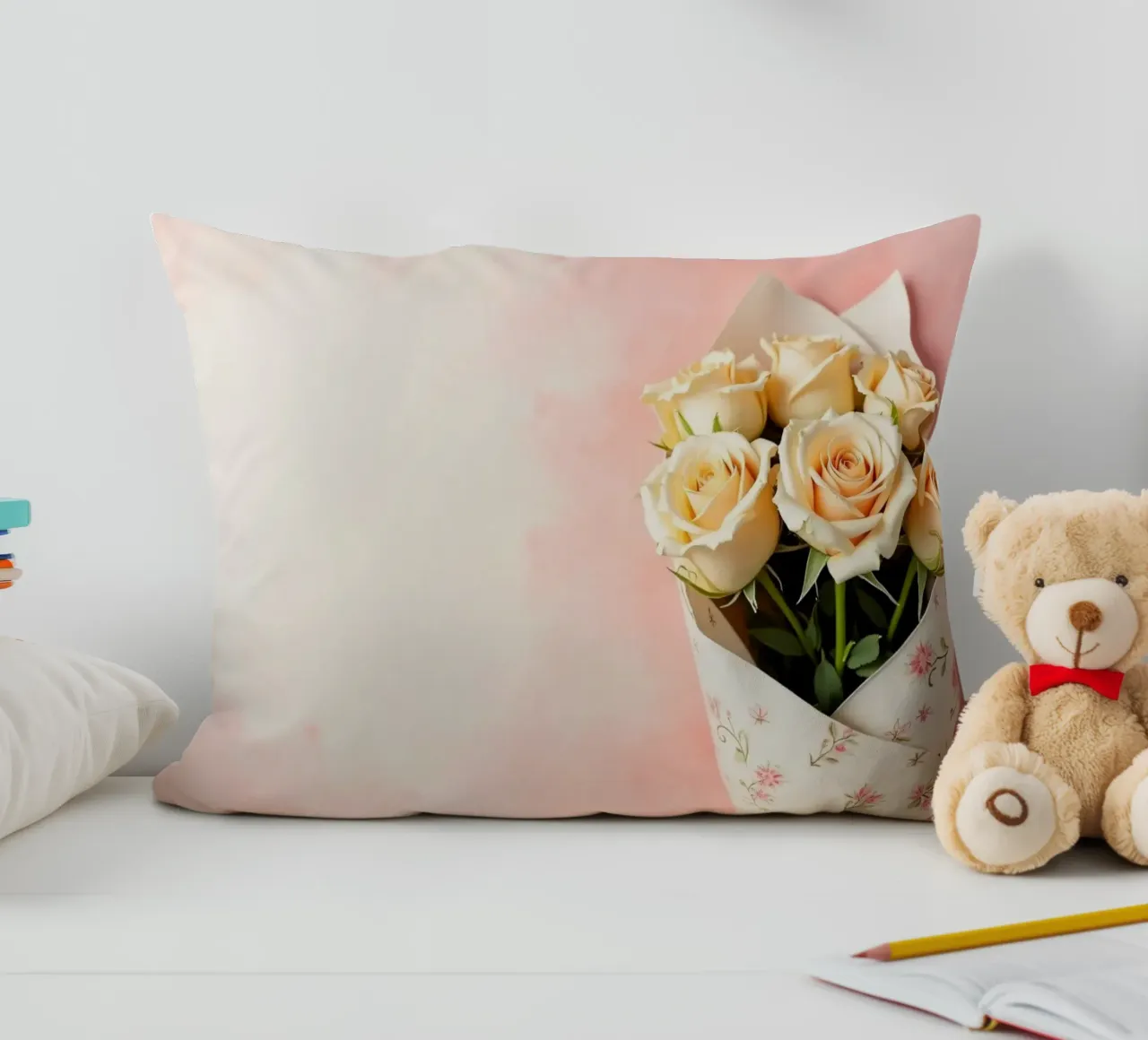 Bouquet di rose color pesca appena confezionato cuscino da DesignDoodle