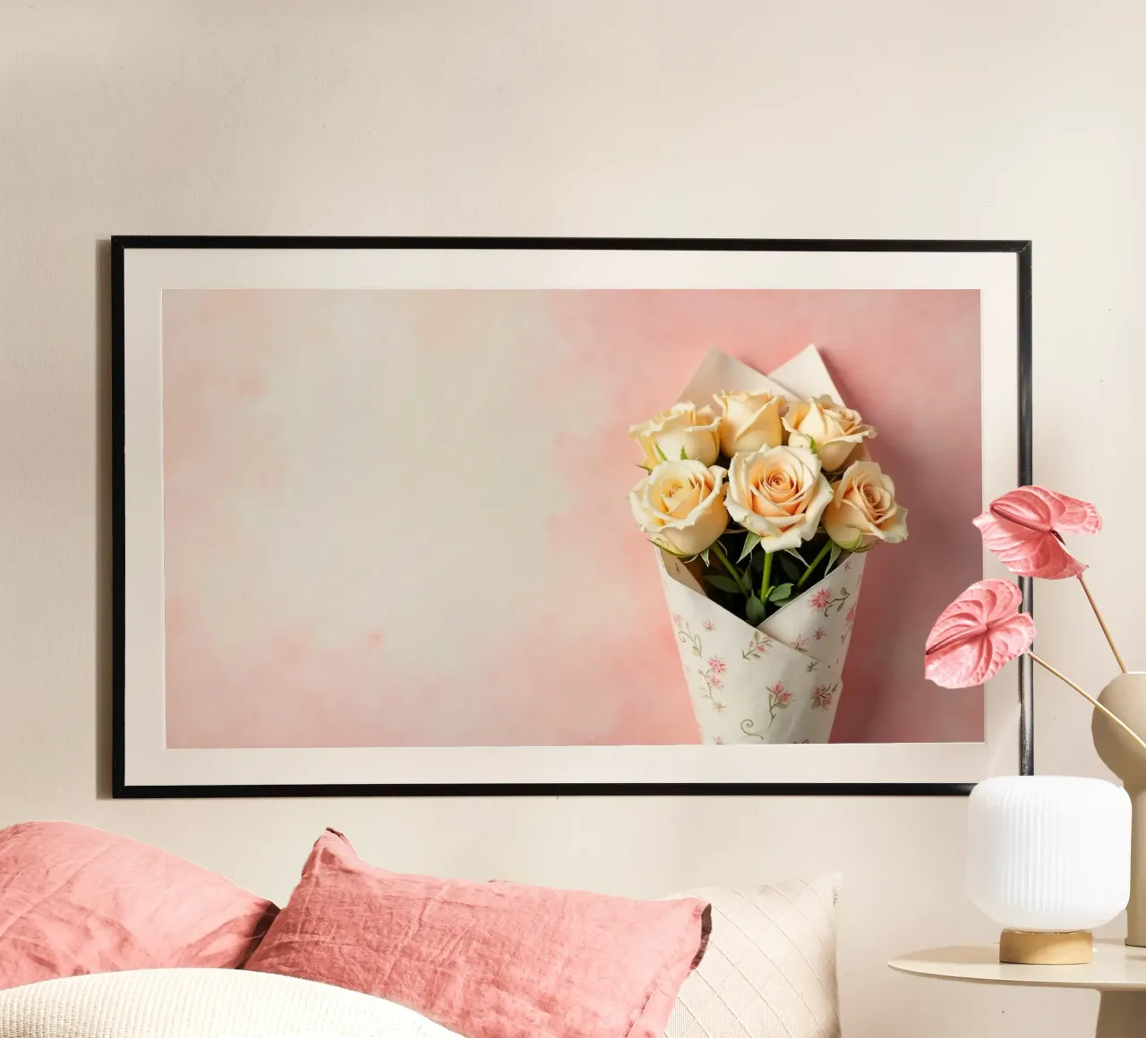 Bouquet di rose color pesca appena confezionato poster con telaio in alluminio da DesignDoodle