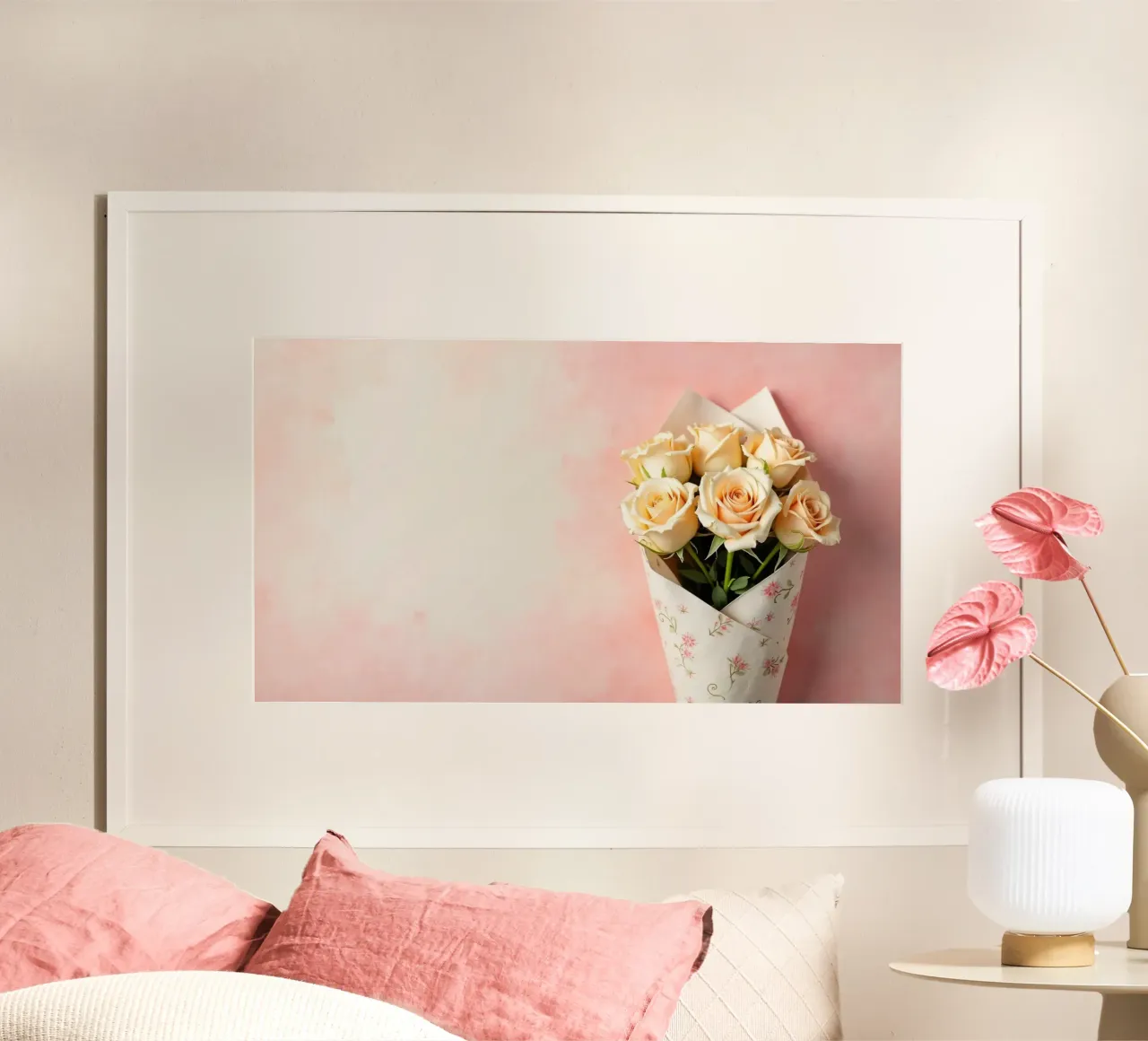 Bouquet di rose color pesca appena confezionato poster con telaio in alluminio da DesignDoodle