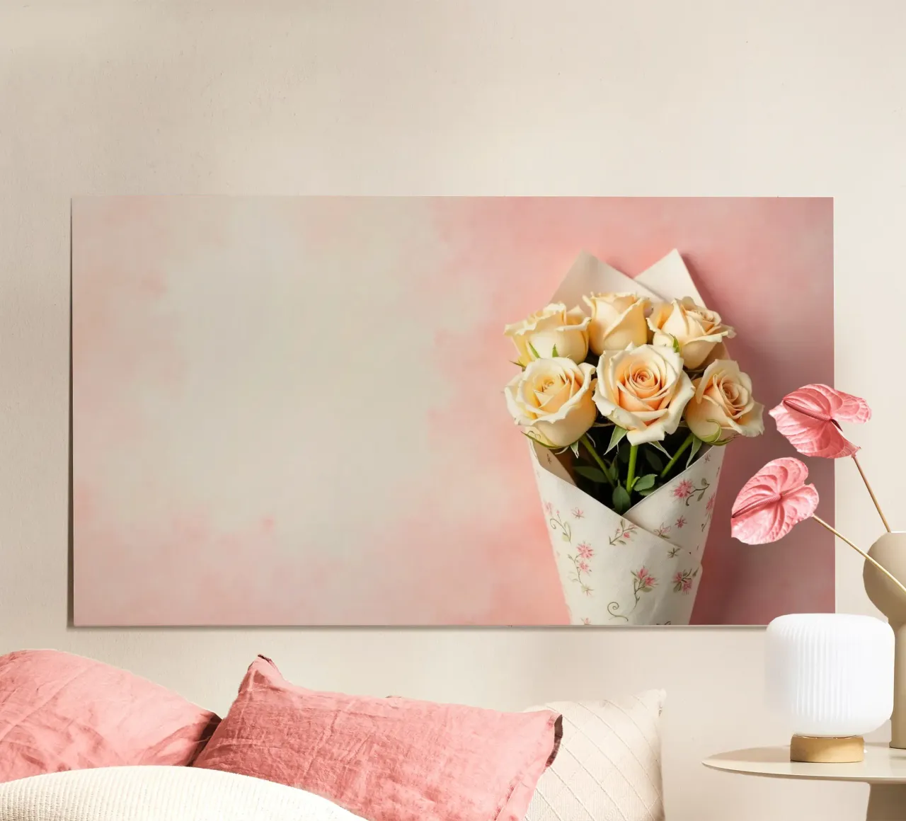 Bouquet di rose color pesca appena confezionato poster con telaio in alluminio da DesignDoodle