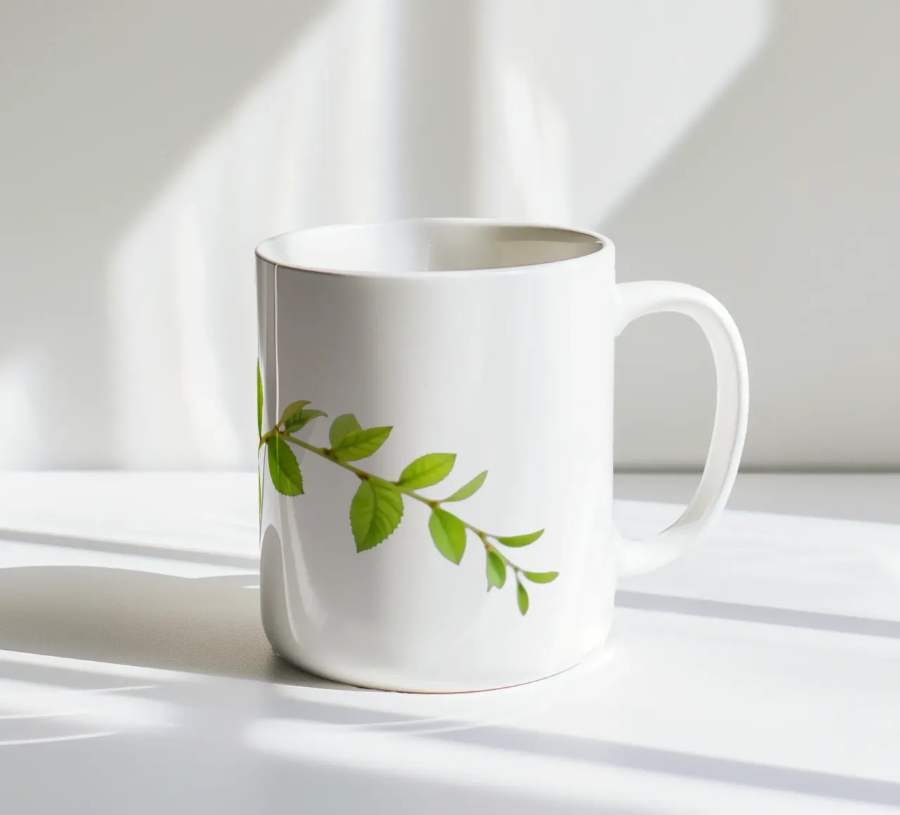 Ramo verde fresco con foglie vivaci su sfondo chiaro tazza in ceramica da DesignDoodle
