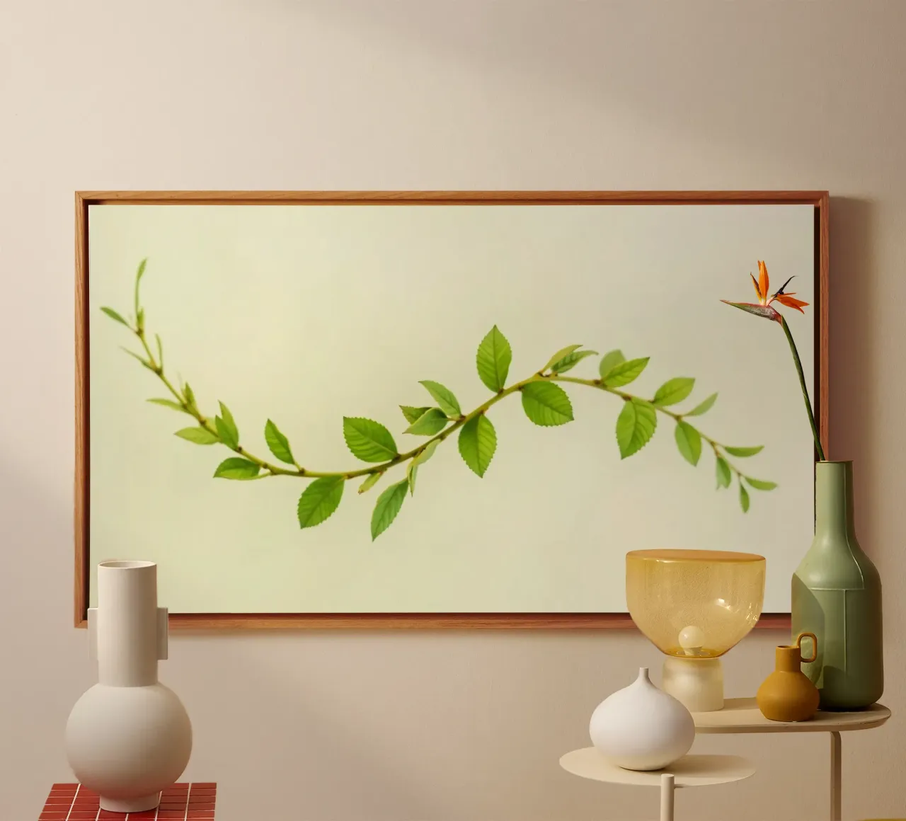 Fresh green branch with vibrant leaves on light background canvas with Floater frame by DesignDoodle