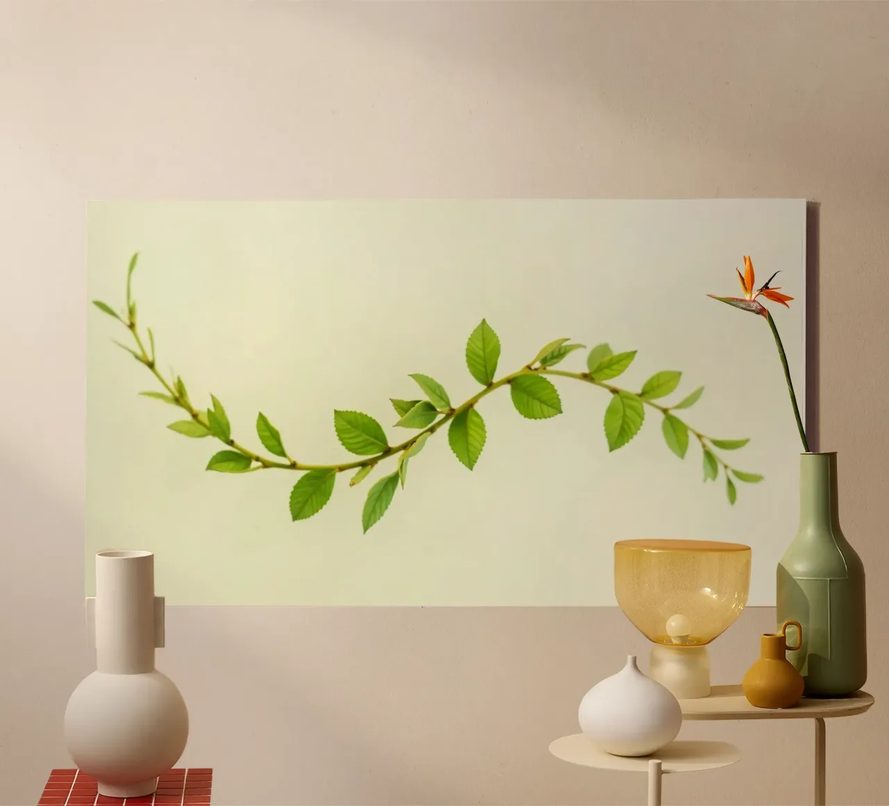 Fresh green branch with vibrant leaves on light background canvas with Floater frame by DesignDoodle