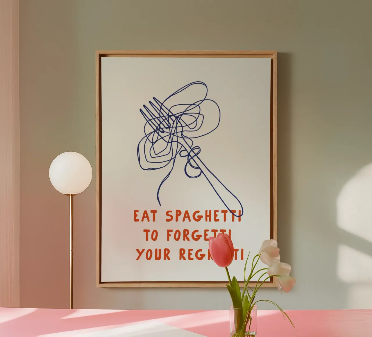 Essen Sie Spaghetti, um Ihre Regretti-Kücheneinrichtung zu vergessen Leinwand mit Schattenfugenrahmen von THE MOTIVATED TYPE