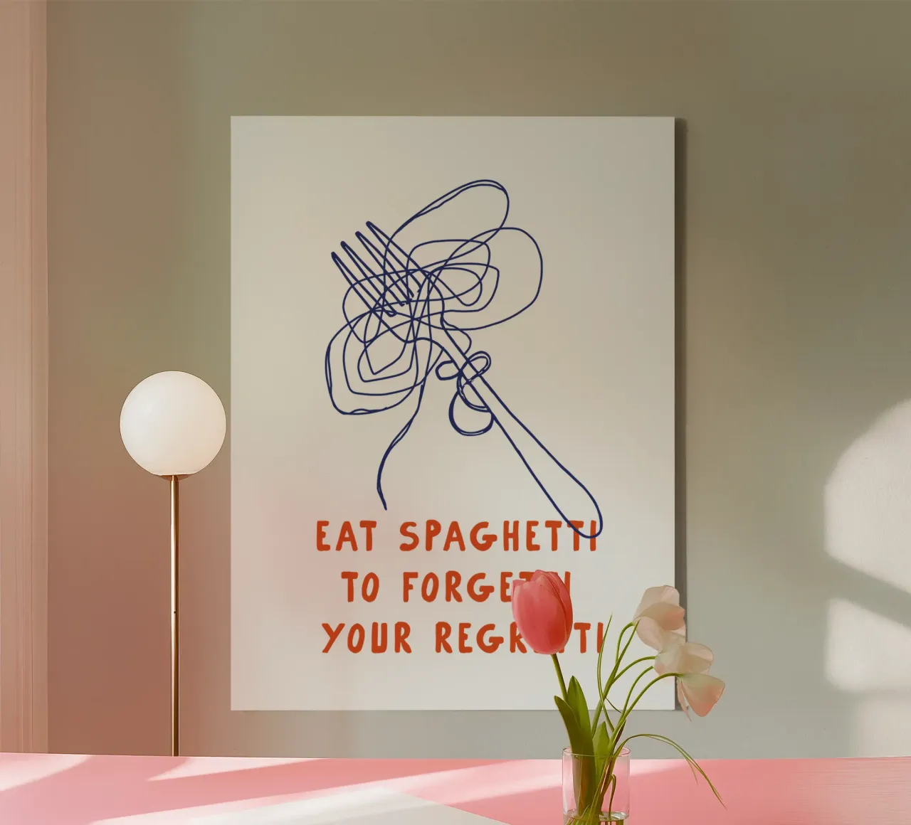 Essen Sie Spaghetti, um Ihre Regretti-Kücheneinrichtung zu vergessen Leinwand mit Schattenfugenrahmen von THE MOTIVATED TYPE