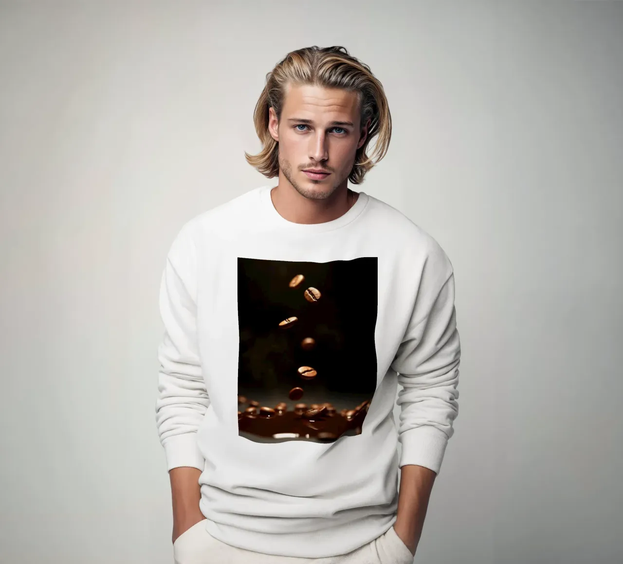 Chicchi di caffè che cadono con grazia sopra una pozza di caffè fresco felpa da DesignDoodle