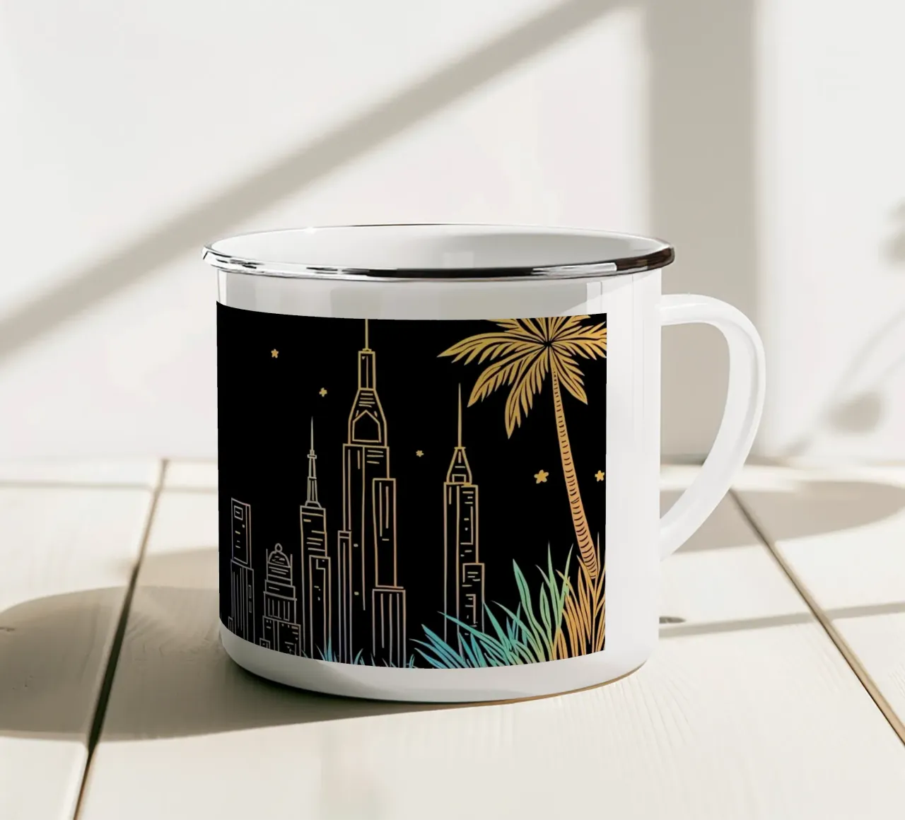Una donna passeggia in riva all'oceano in mezzo al vivace skyline della città tazza in smalto da DesignDoodle