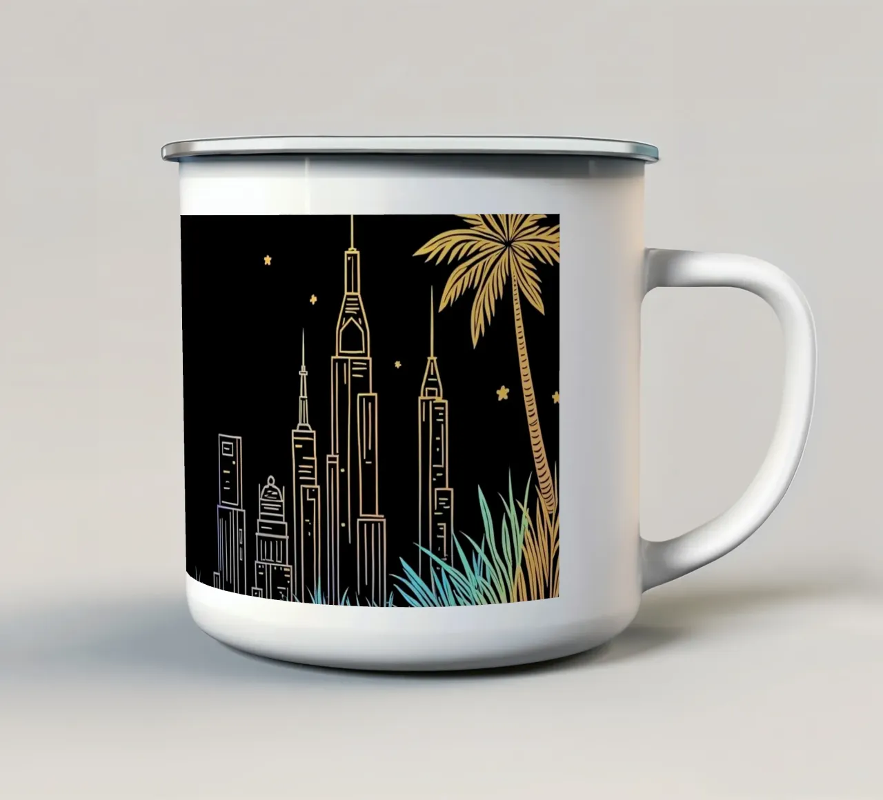 Una donna passeggia in riva all'oceano in mezzo al vivace skyline della città tazza in smalto da DesignDoodle