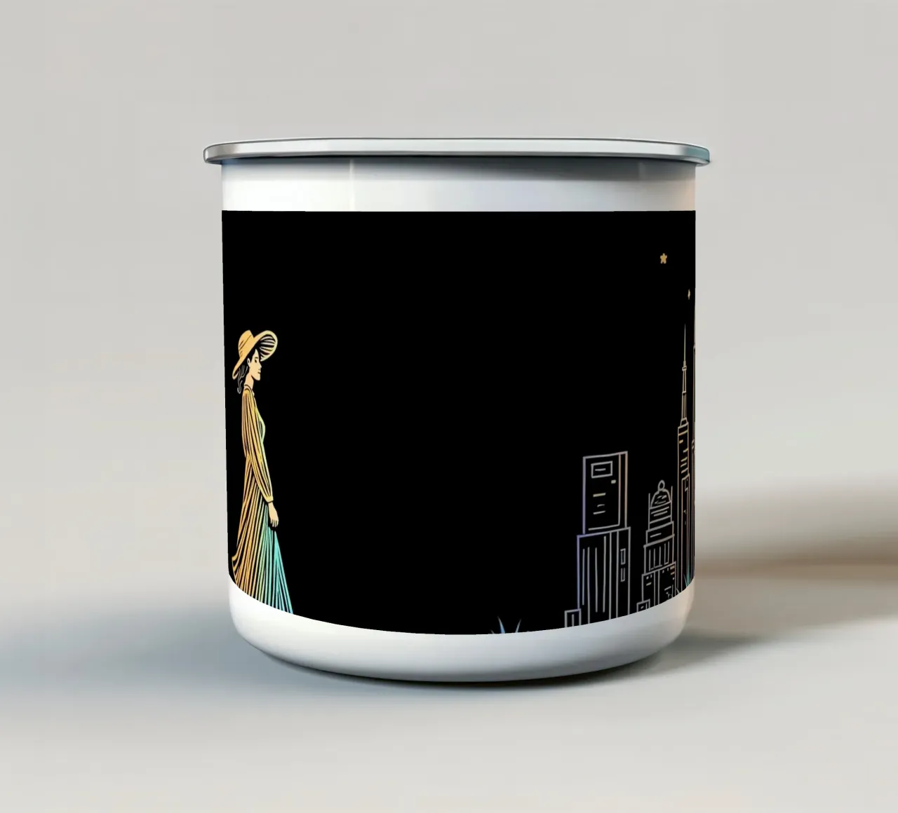 Una donna passeggia in riva all'oceano in mezzo al vivace skyline della città tazza in smalto da DesignDoodle