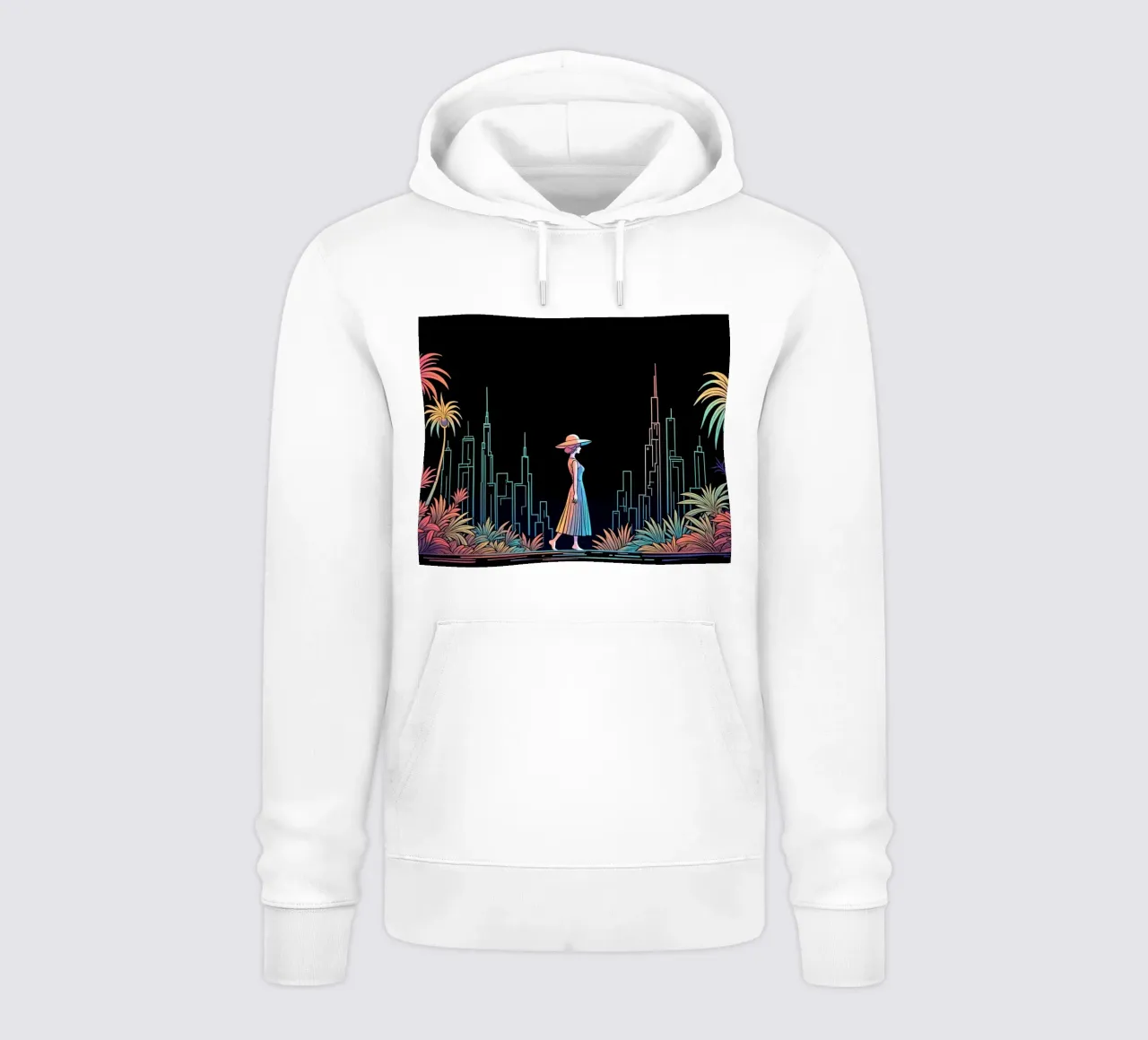 Silhouette colorata di una città con una donna che cammina tra le piante felpa con cappuccio da DesignDoodle