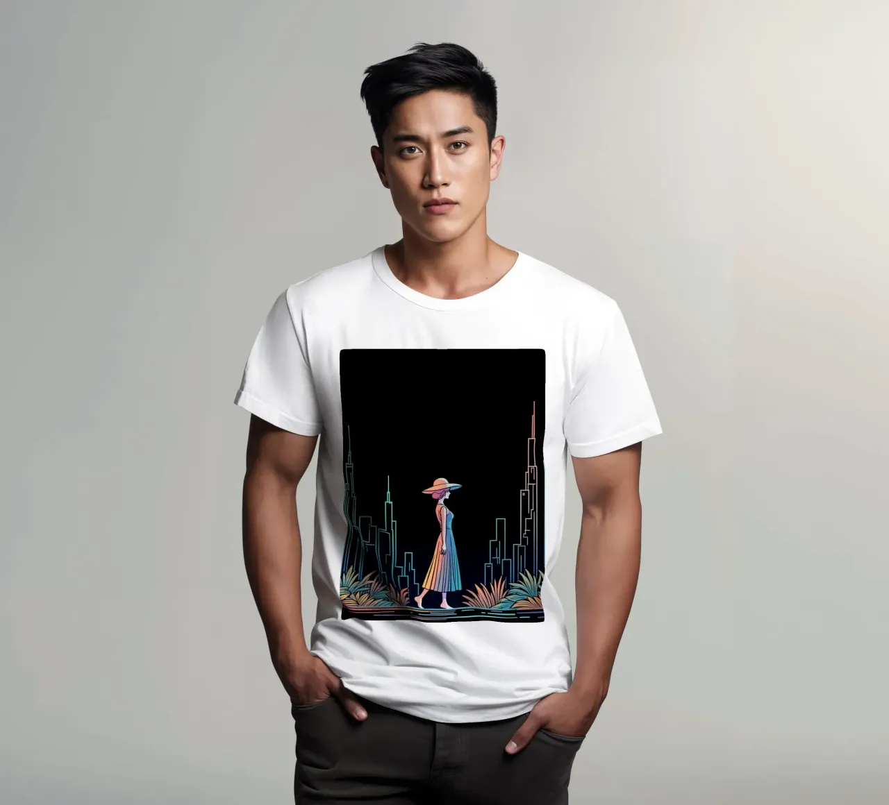 Silhouette colorata di una città con una donna che cammina tra le piante t-shirt da DesignDoodle