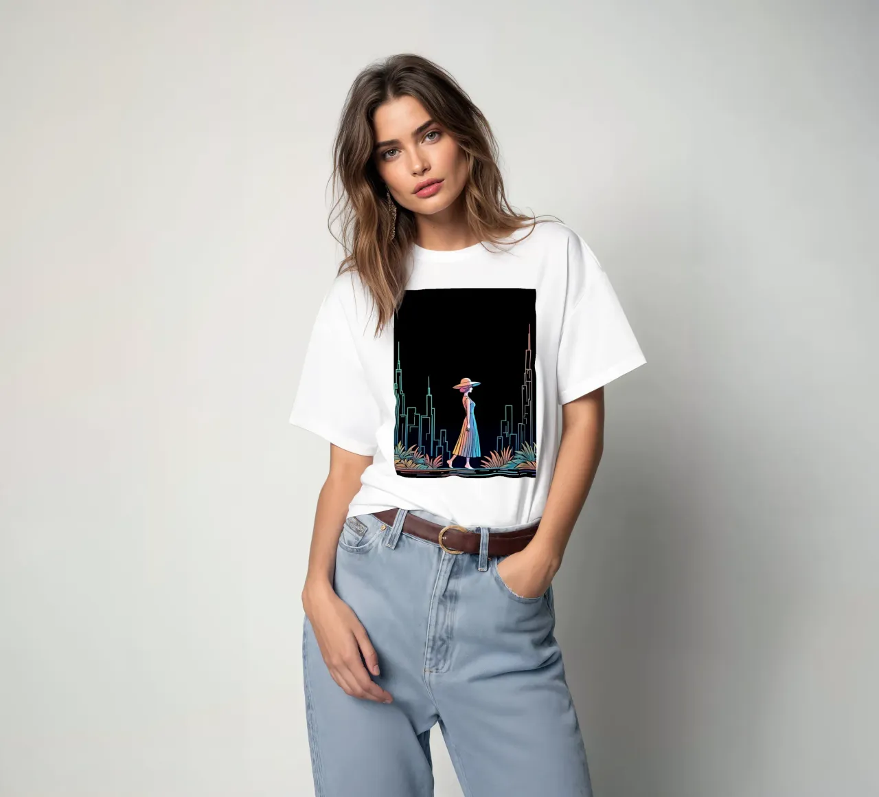 Silhouette colorata di una città con una donna che cammina tra le piante t-shirt da DesignDoodle