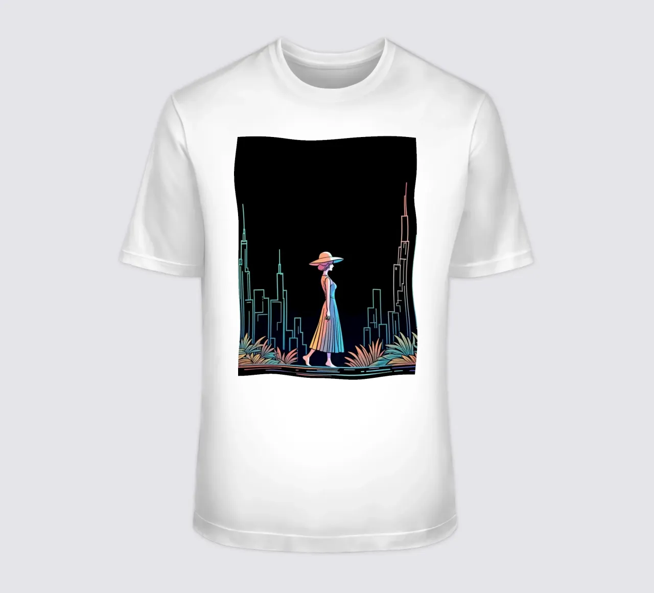 Silhouette colorata di una città con una donna che cammina tra le piante t-shirt da DesignDoodle