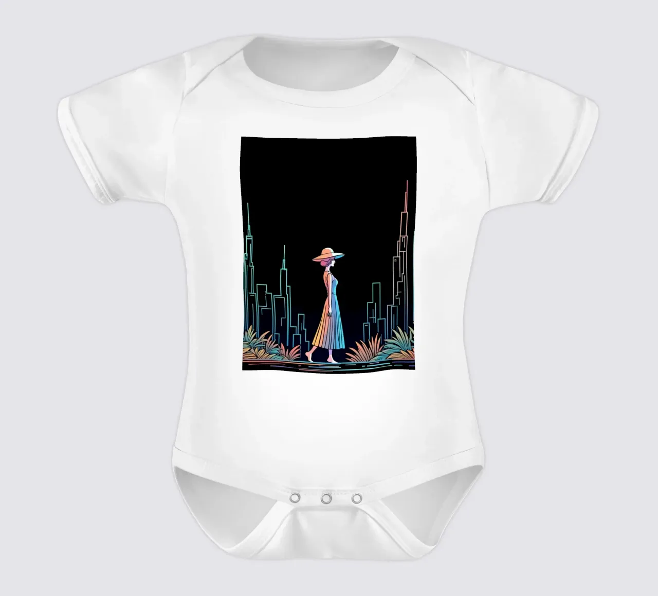 Silhouette colorata di una città con una donna che cammina tra le piante body neonato maniche corte da DesignDoodle