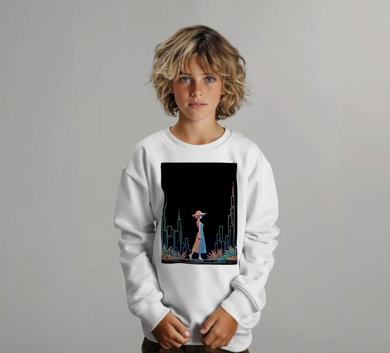 Silhouette colorata di una città con una donna che cammina tra le piante felpa bambino da DesignDoodle