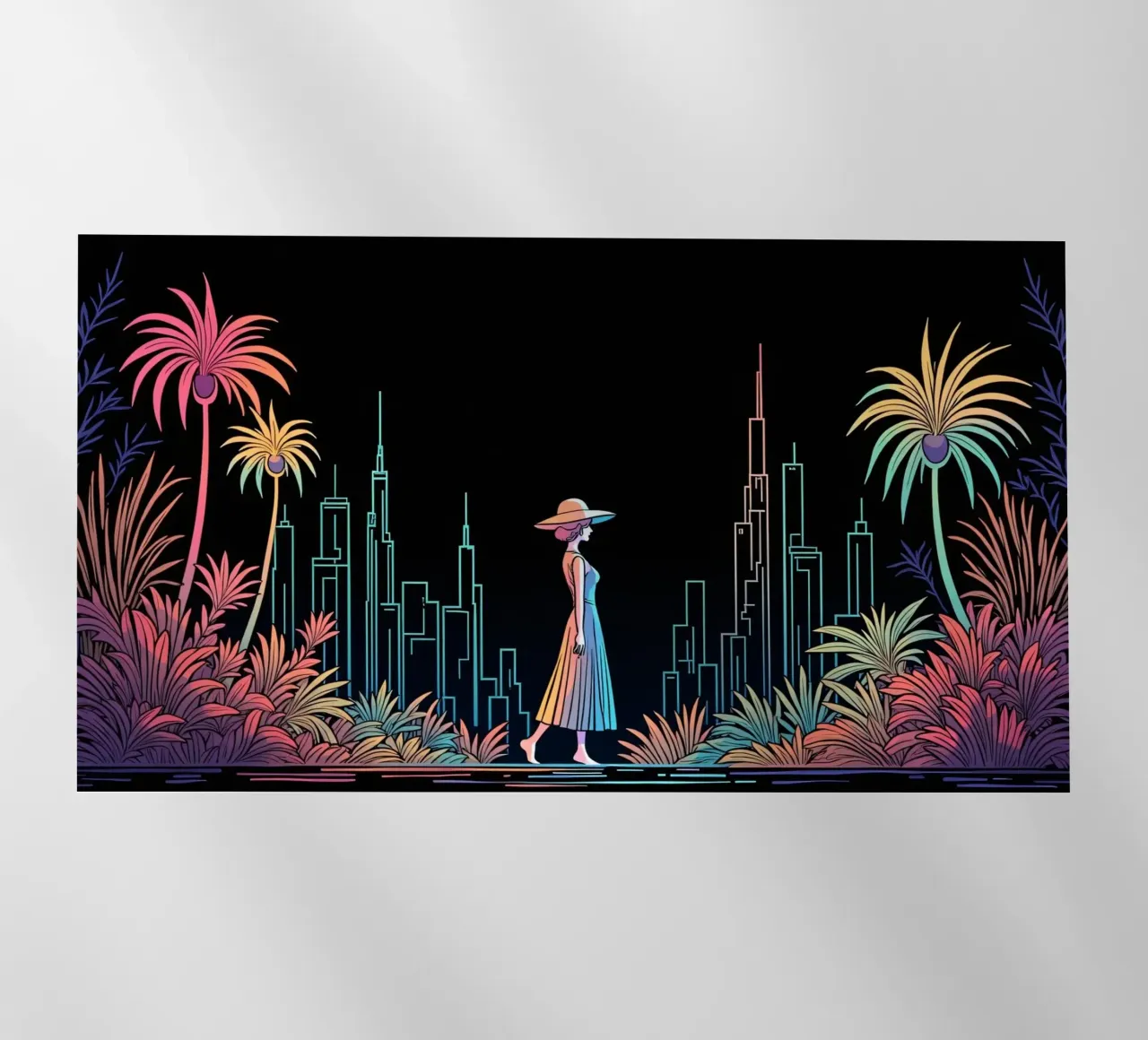 Silhouette colorata di una città con una donna che cammina tra le piante pellicola backlit da DesignDoodle