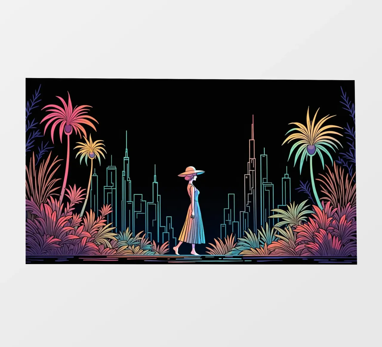 Silhouette colorata di una città con una donna che cammina tra le piante pellicola backlit da DesignDoodle