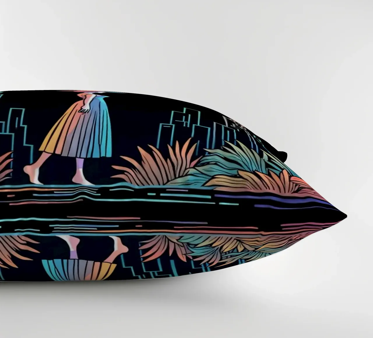 Silhouette colorata di una città con una donna che cammina tra le piante cuscino da DesignDoodle