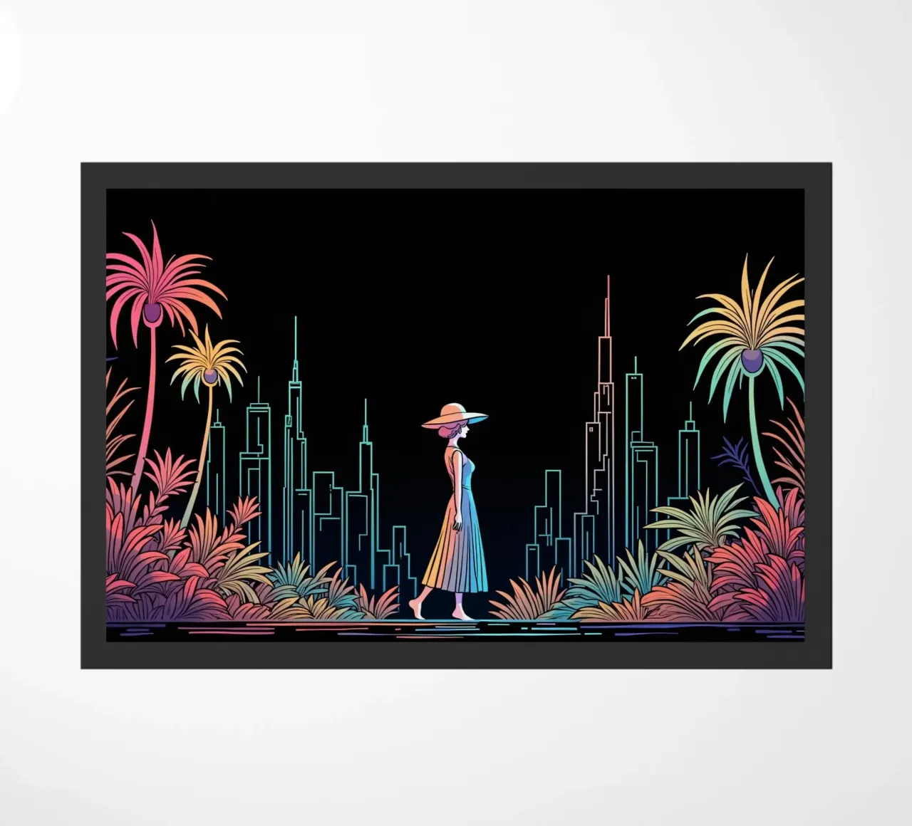 Silhouette colorata di una città con una donna che cammina tra le piante zerbino da DesignDoodle