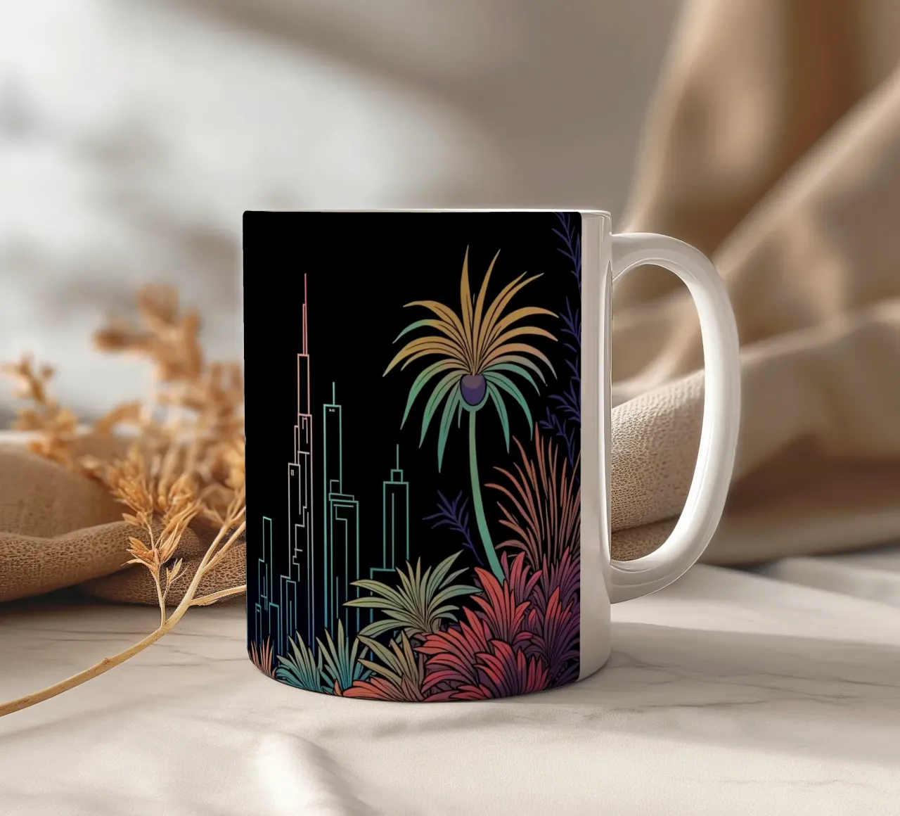 Silhouette colorata di una città con una donna che cammina tra le piante tazza in ceramica da DesignDoodle