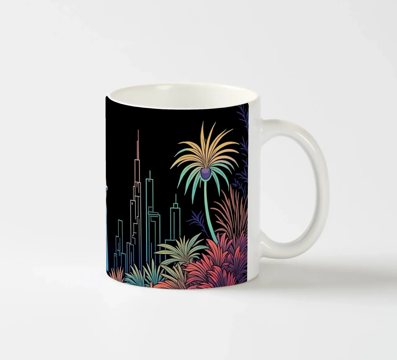 Silhouette colorata di una città con una donna che cammina tra le piante tazza in ceramica da DesignDoodle