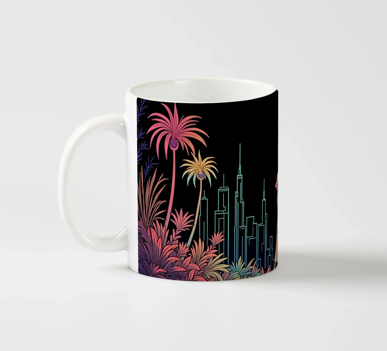 Silhouette colorata di una città con una donna che cammina tra le piante tazza in ceramica da DesignDoodle