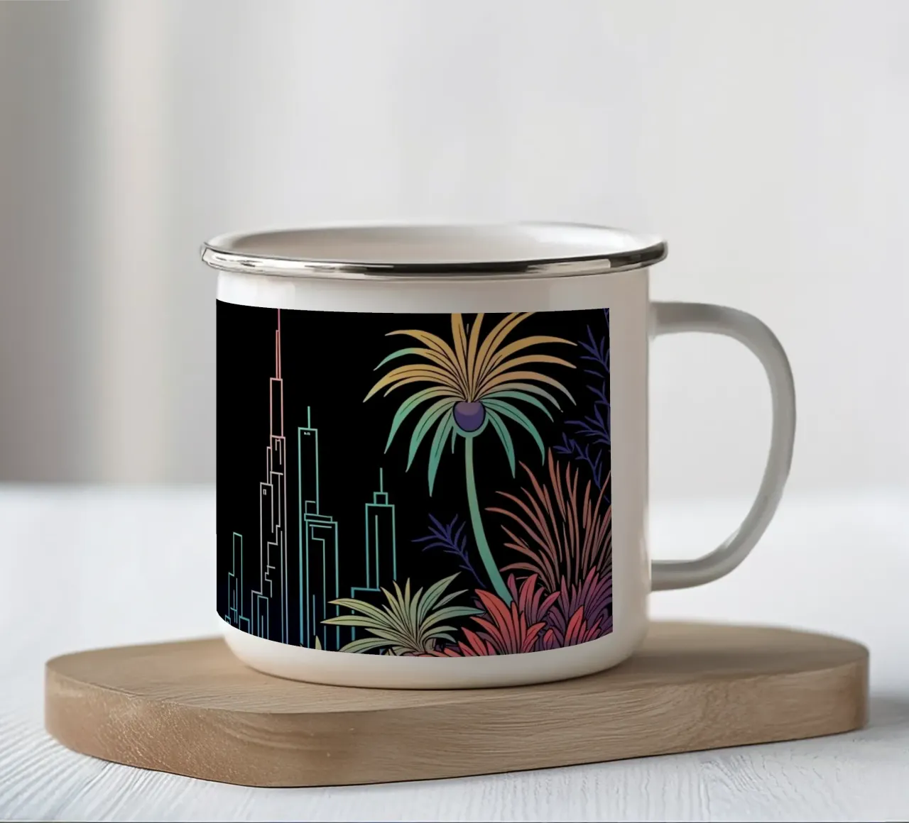 Silhouette colorata di una città con una donna che cammina tra le piante tazza in smalto da DesignDoodle
