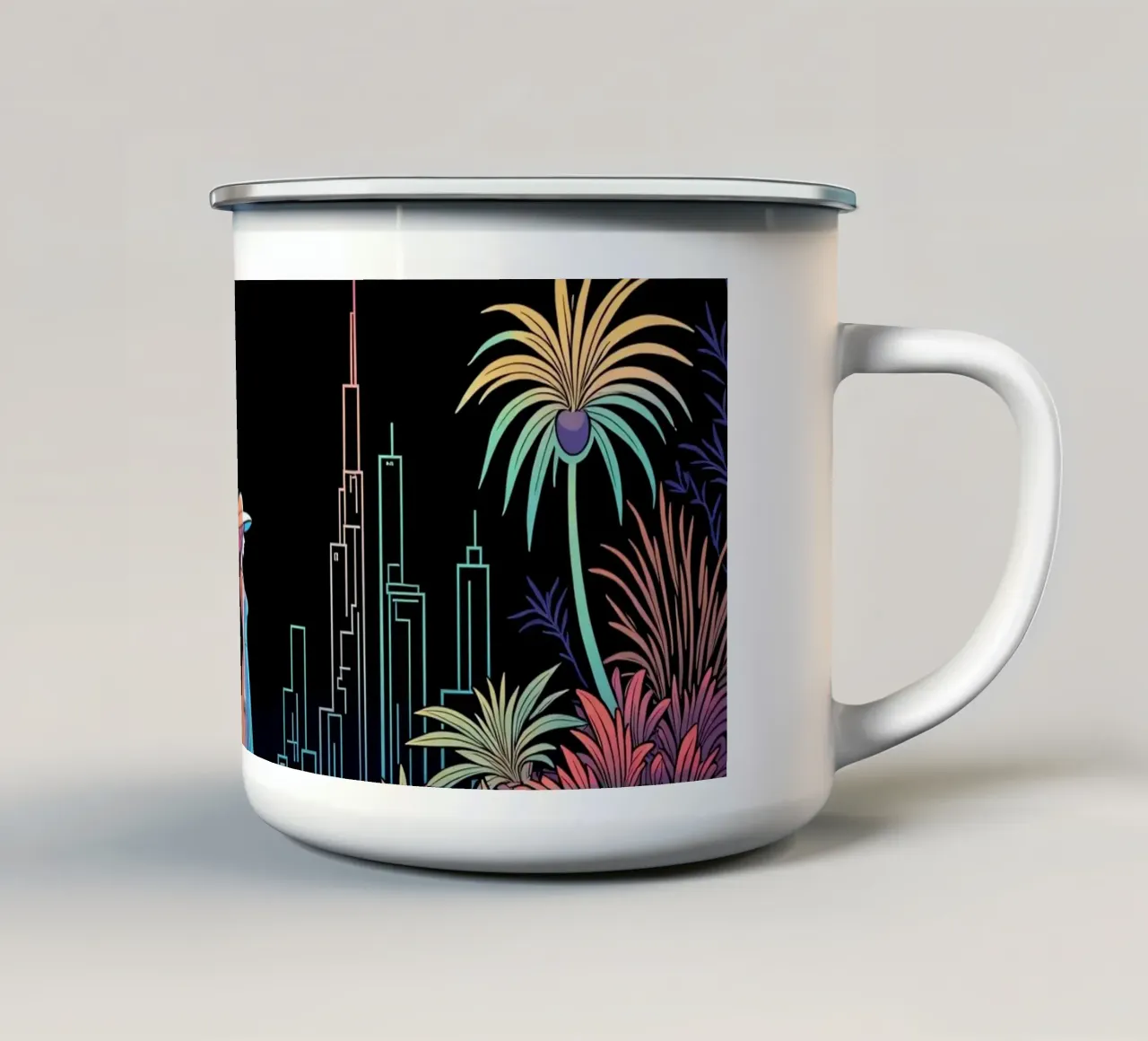 Silhouette colorata di una città con una donna che cammina tra le piante tazza in smalto da DesignDoodle