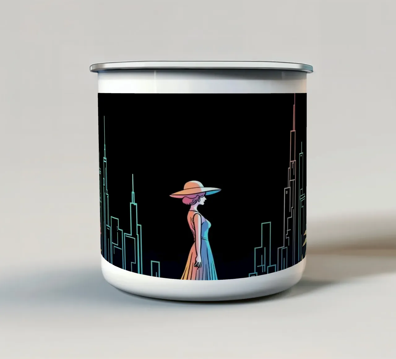 Silhouette colorata di una città con una donna che cammina tra le piante tazza in smalto da DesignDoodle