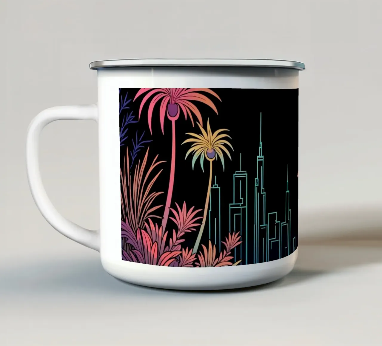 Silhouette colorata di una città con una donna che cammina tra le piante tazza in smalto da DesignDoodle