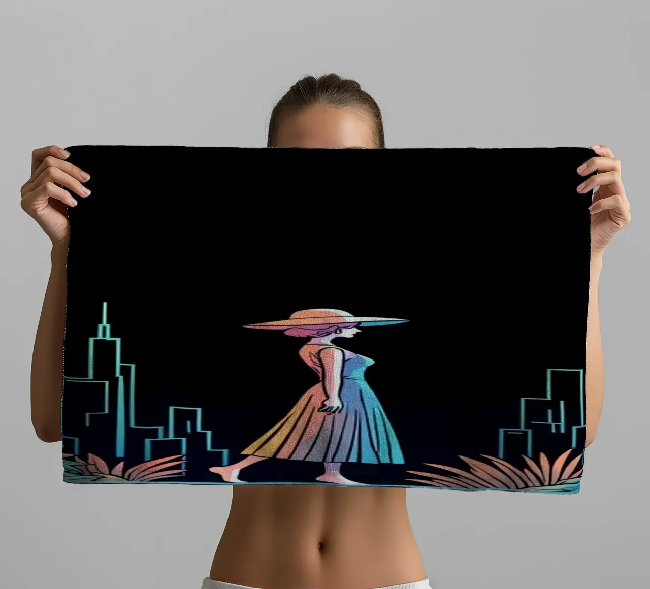 Silhouette colorata di una città con una donna che cammina tra le piante asciugamano da bagno da DesignDoodle