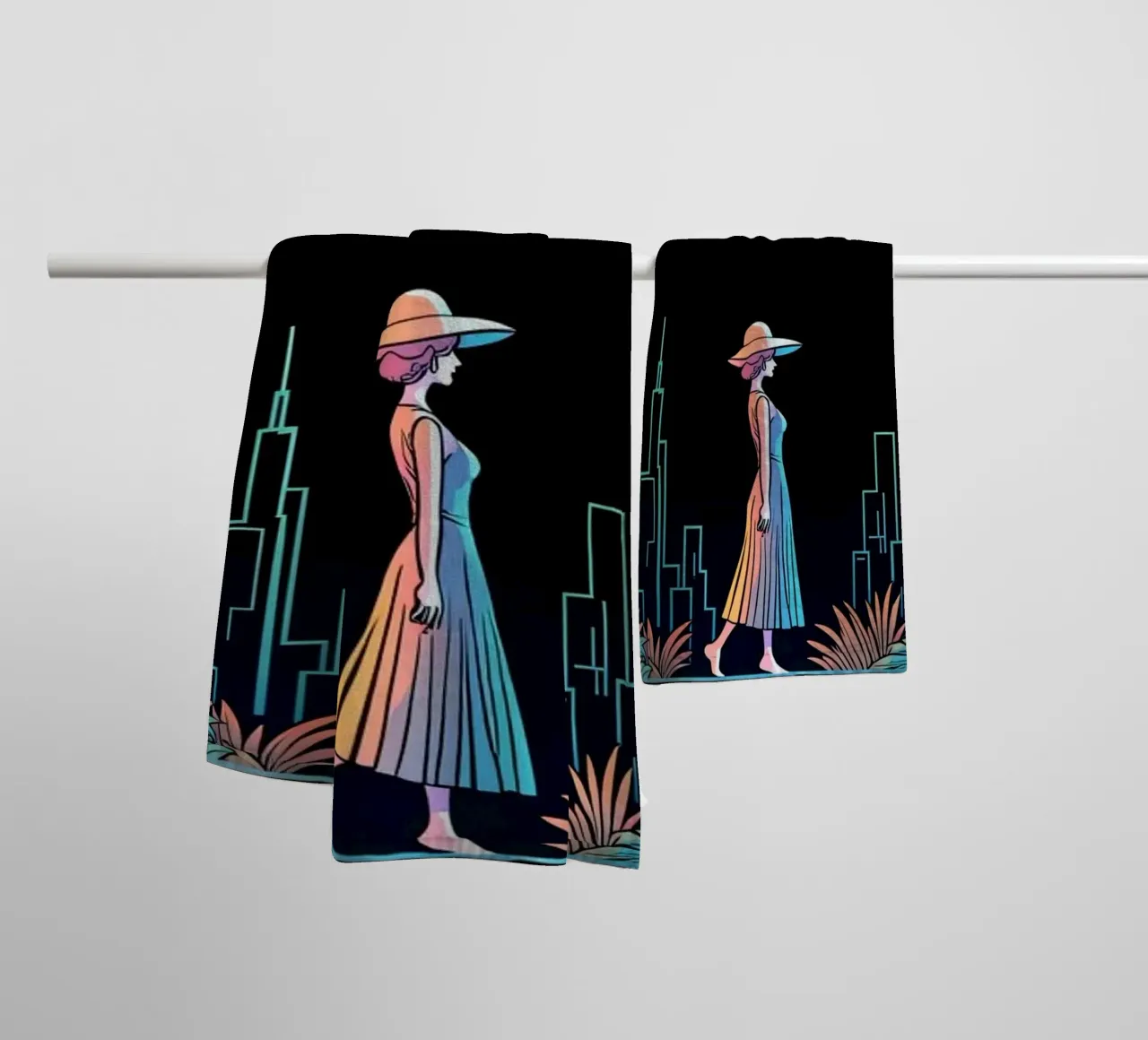 Silhouette colorata di una città con una donna che cammina tra le piante asciugamano da bagno da DesignDoodle