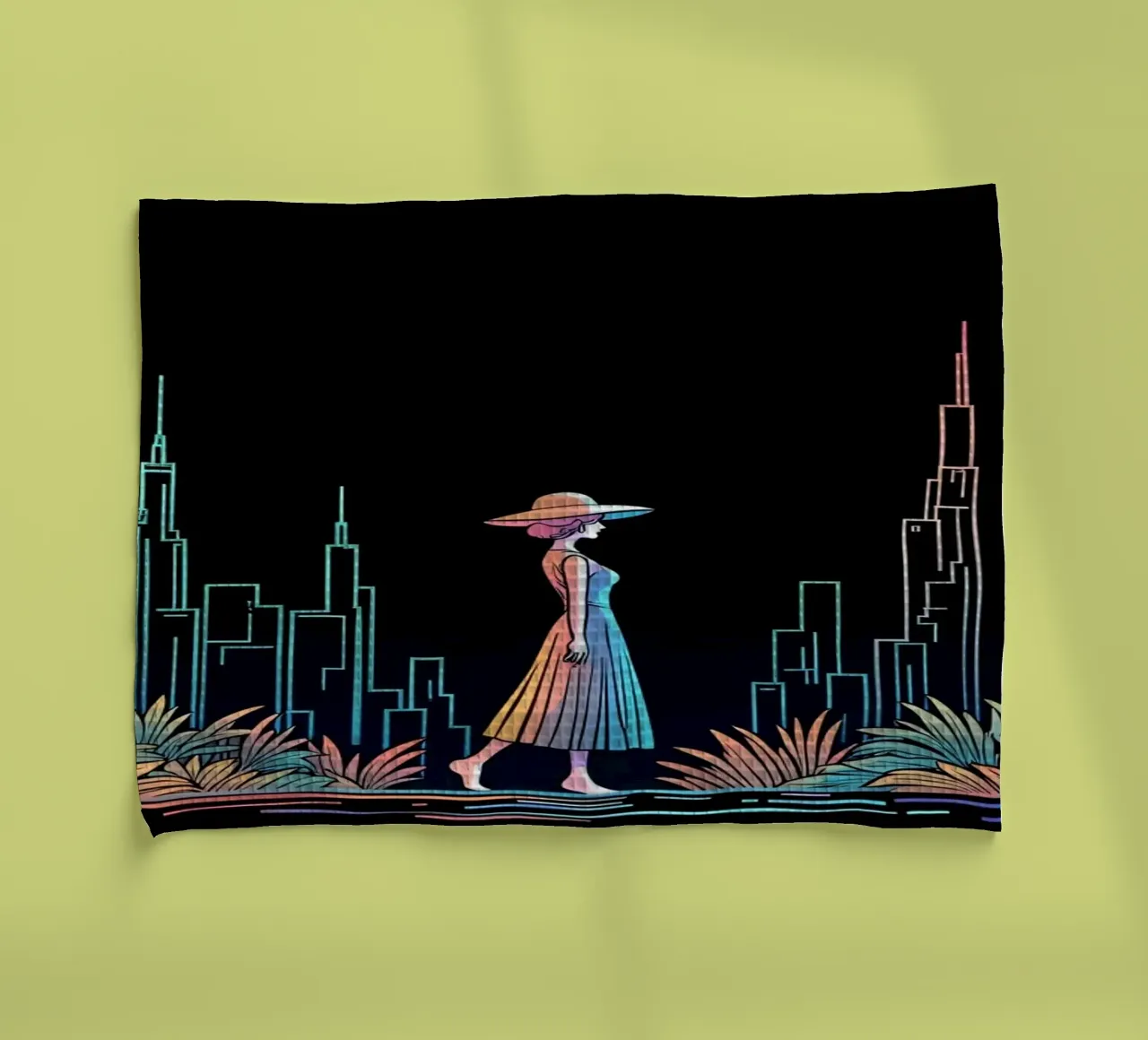 Silhouette colorata di una città con una donna che cammina tra le piante canovaccio da cucina da DesignDoodle