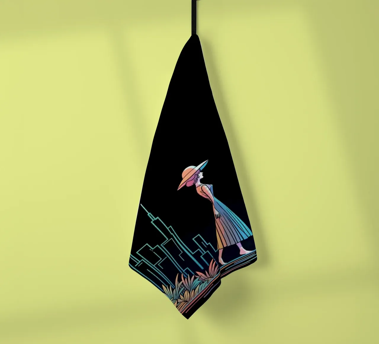 Silhouette colorata di una città con una donna che cammina tra le piante canovaccio da cucina da DesignDoodle