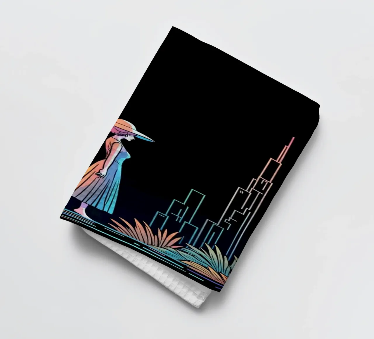 Silhouette colorata di una città con una donna che cammina tra le piante canovaccio da cucina da DesignDoodle
