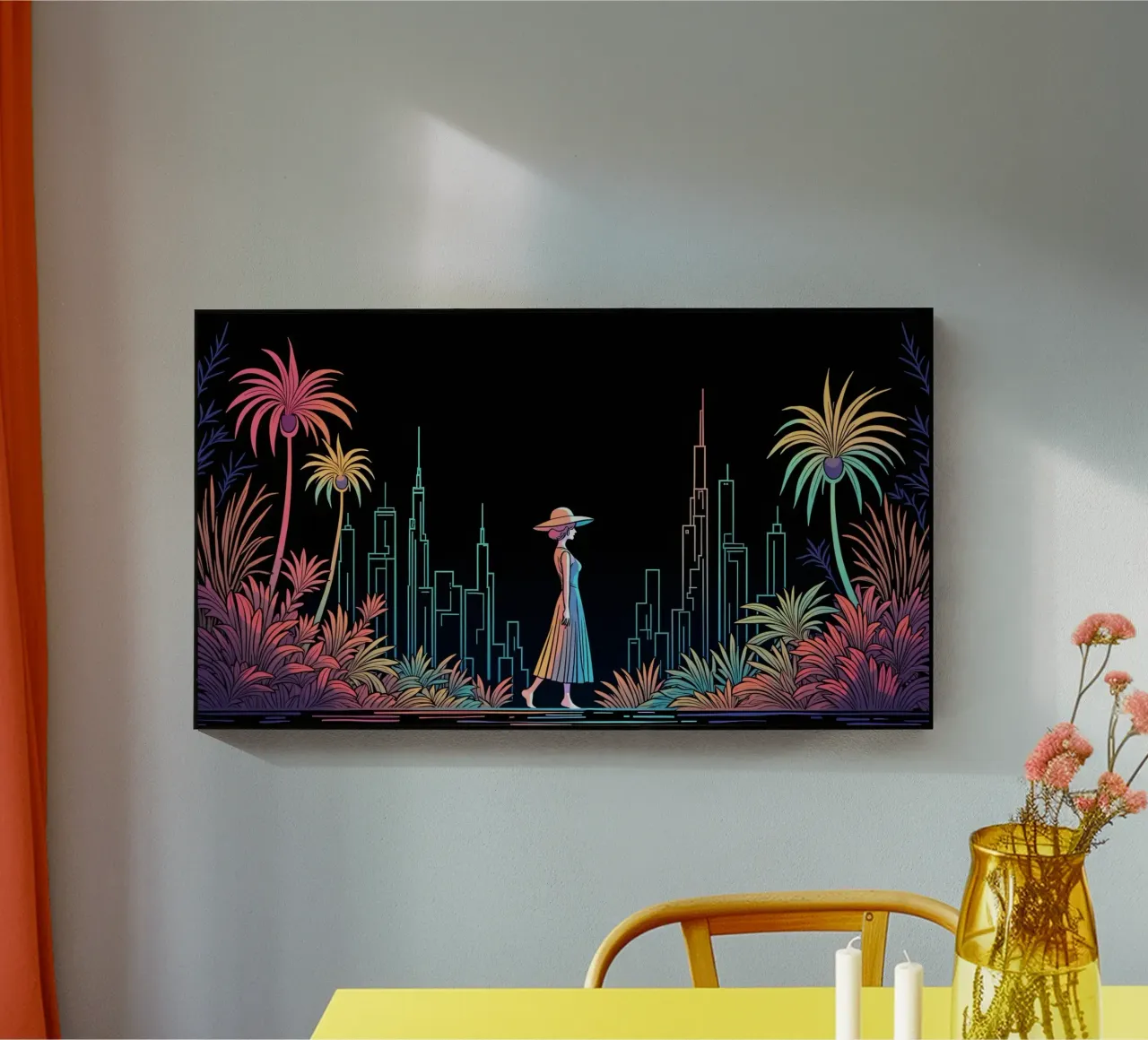 Silhouette colorata di una città con una donna che cammina tra le piante plexiglass da DesignDoodle