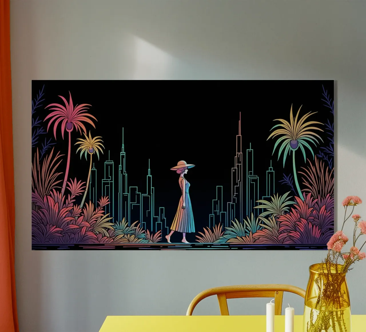 Silhouette colorata di una città con una donna che cammina tra le piante plexiglass da DesignDoodle
