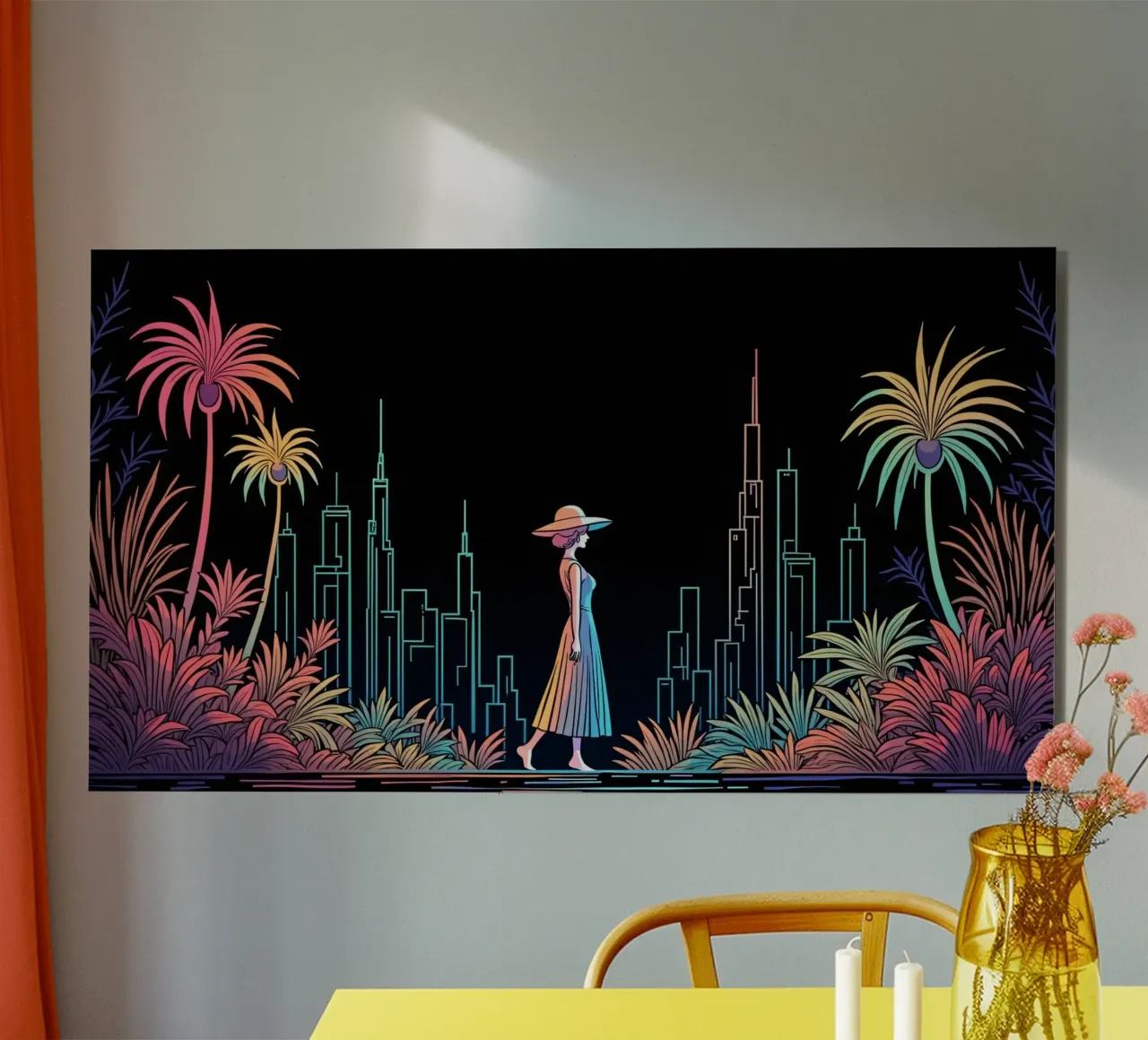 Silhouette colorata di una città con una donna che cammina tra le piante alluminio dibond da DesignDoodle