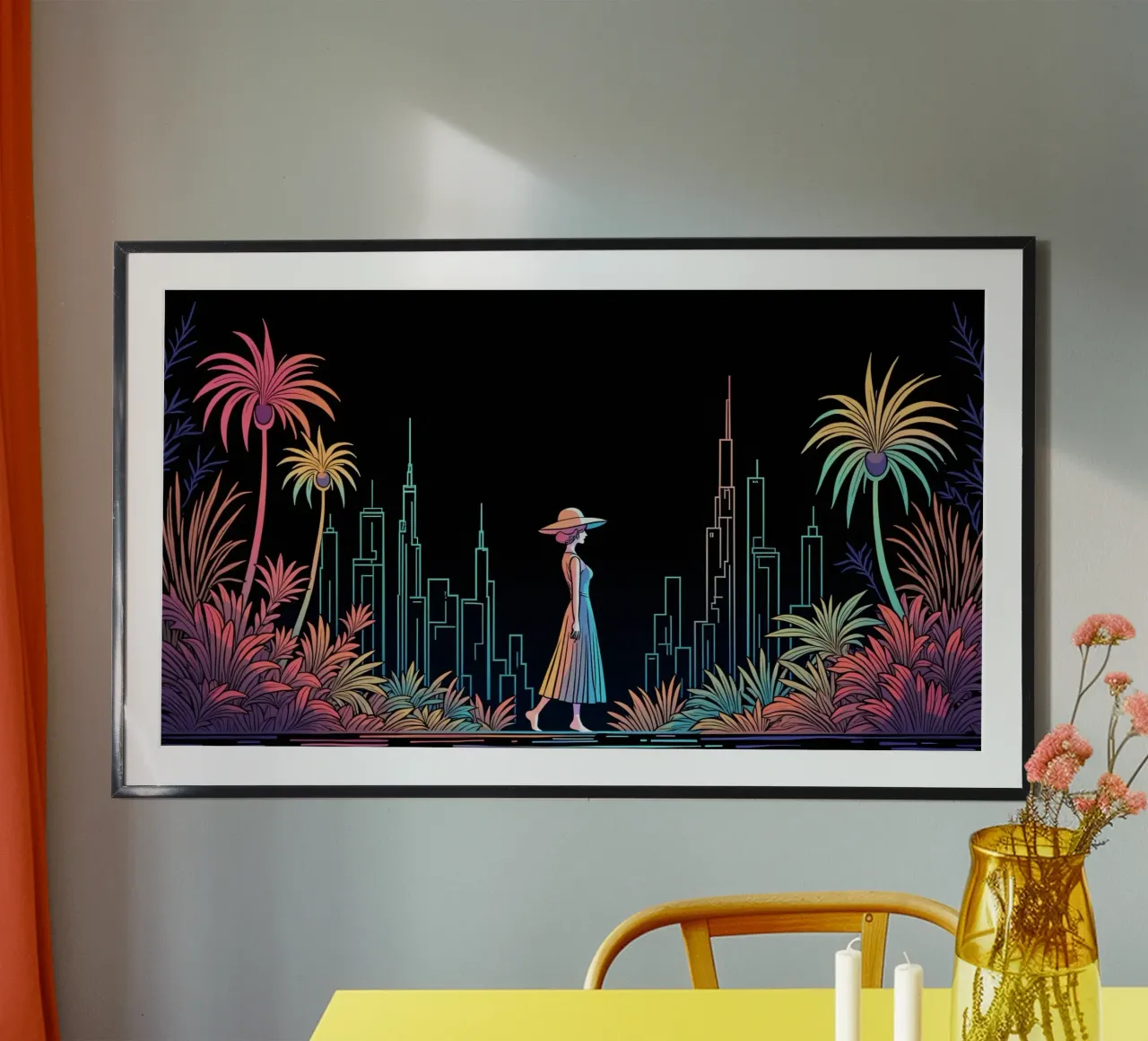 Silhouette colorata di una città con una donna che cammina tra le piante carta hahnemühle da DesignDoodle