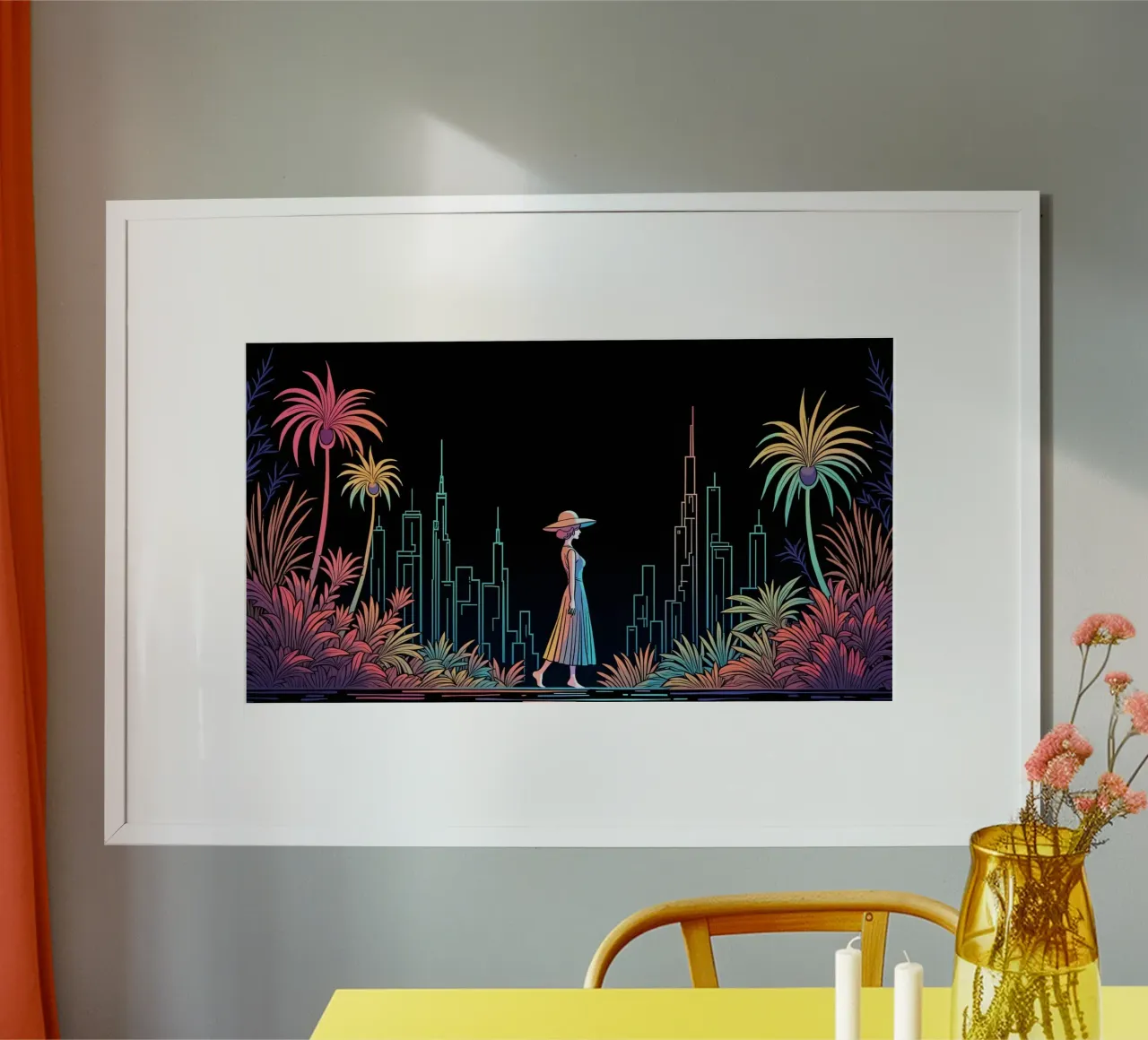 Silhouette colorata di una città con una donna che cammina tra le piante carta hahnemühle da DesignDoodle