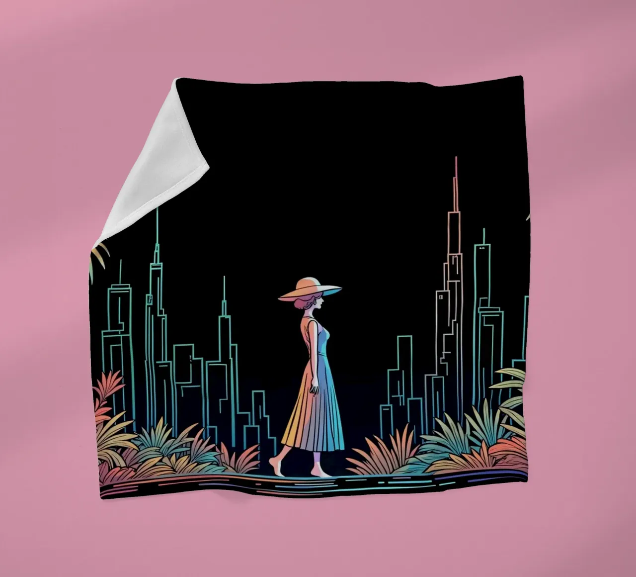 Silhouette colorata di una città con una donna che cammina tra le piante coperta in pile da DesignDoodle