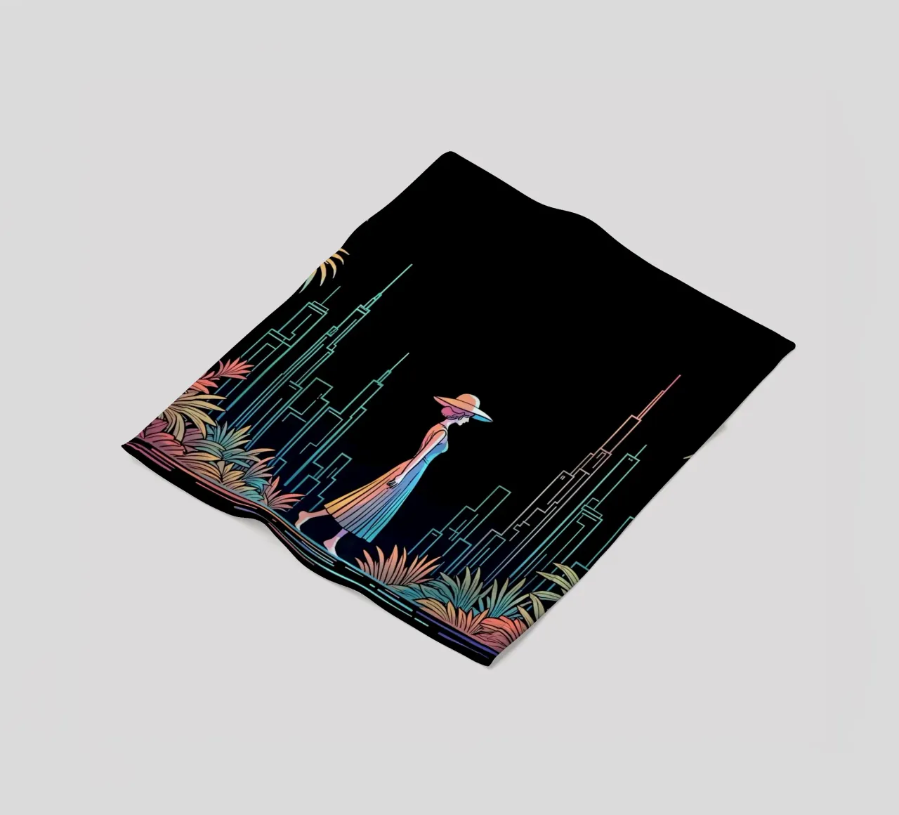 Silhouette colorata di una città con una donna che cammina tra le piante coperta in pile da DesignDoodle