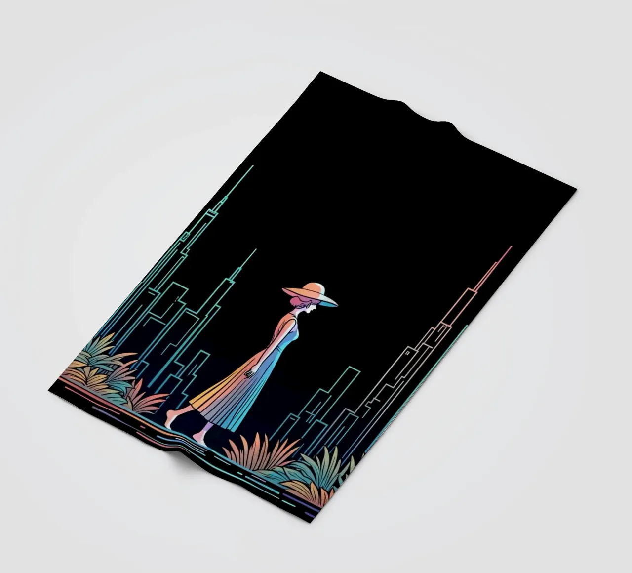 Silhouette colorata di una città con una donna che cammina tra le piante coperta in pile da DesignDoodle
