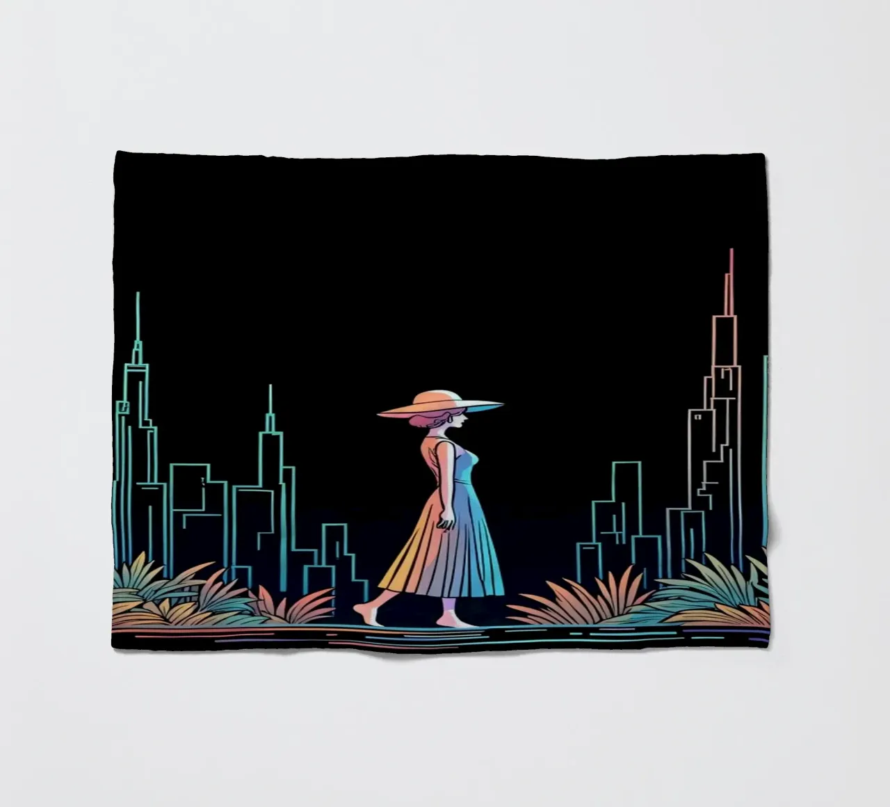 Silhouette colorata di una città con una donna che cammina tra le piante coperta in pile da DesignDoodle