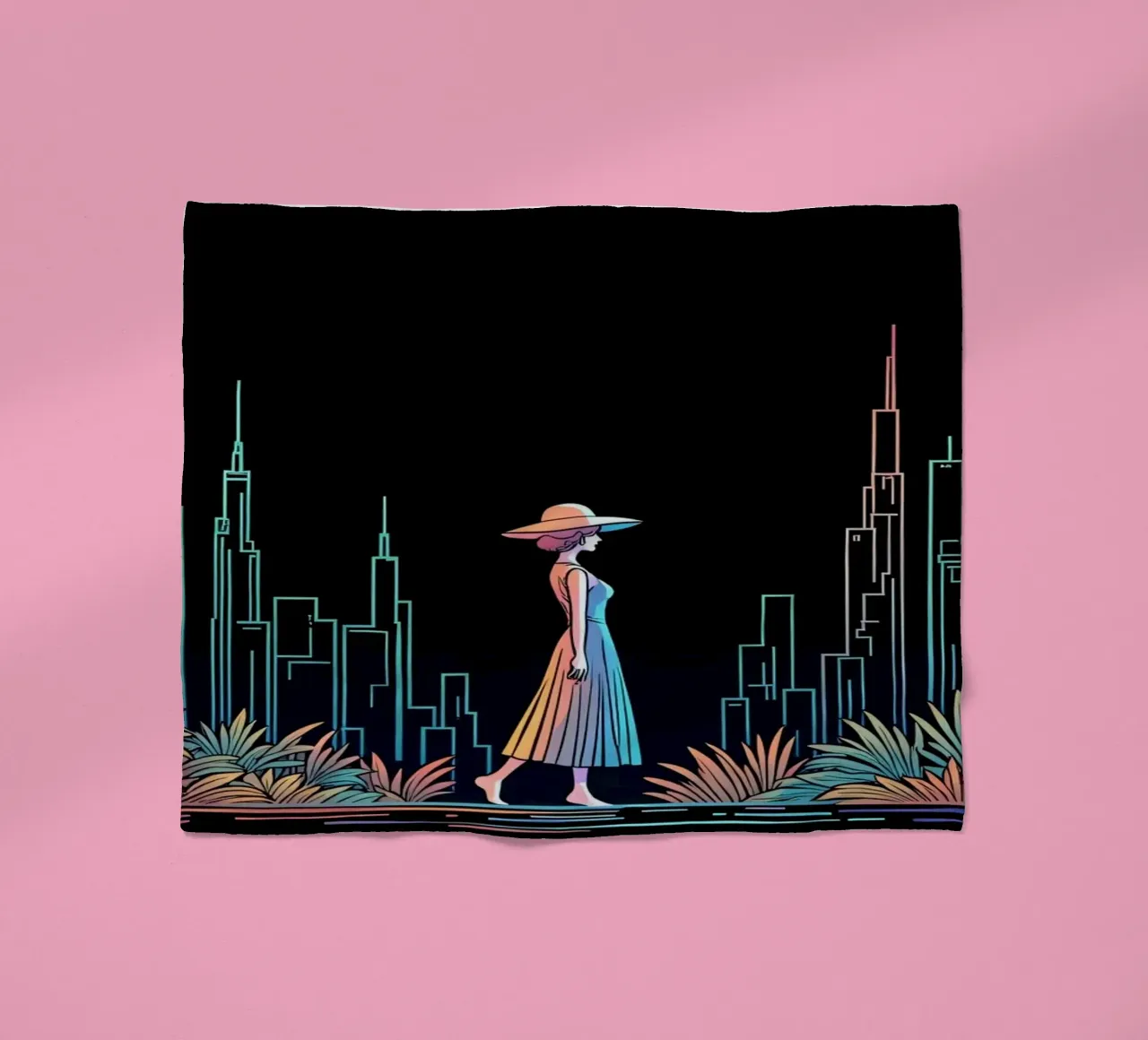 Silhouette colorata di una città con una donna che cammina tra le piante coperta in pile da DesignDoodle