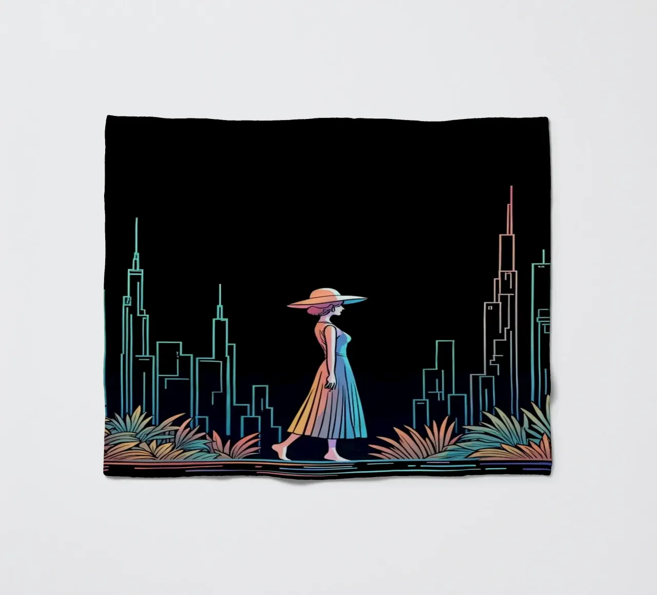 Silhouette colorata di una città con una donna che cammina tra le piante coperta in pile da DesignDoodle